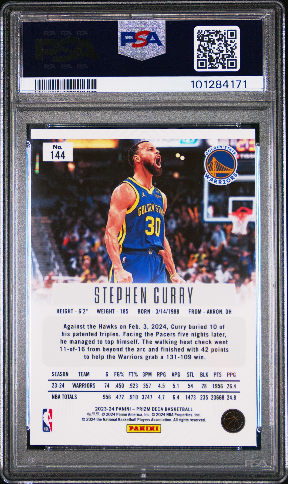 2023 Panini Prizm Deca Stephen Curry #144 Gem Mt 10 back view - PSA certificate #101284171