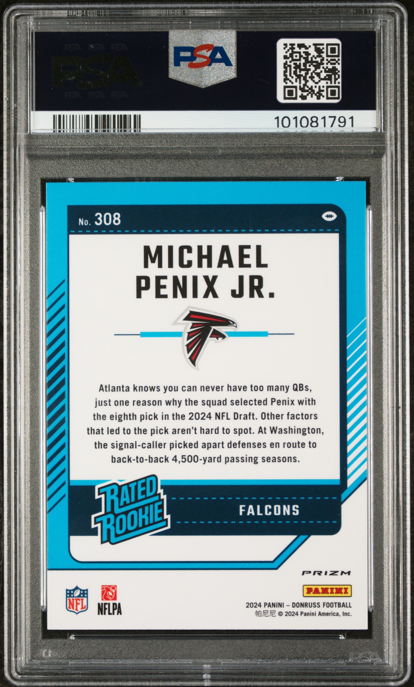 2024 Panini Donruss Michael Penix Jr. #308 (Optic Preview-Red Pandora) Gem Mt 10 back