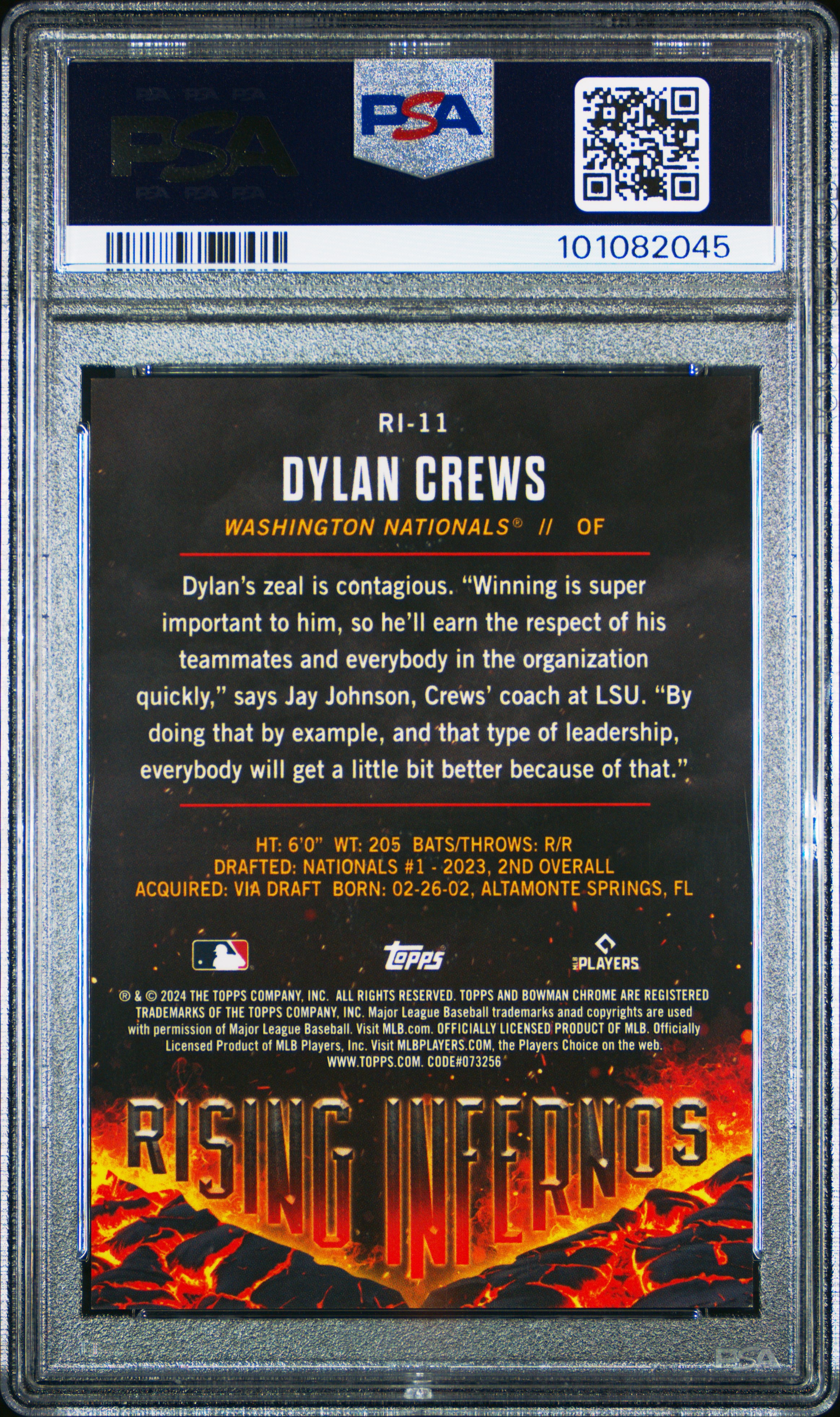 2024 Bowman Rising Infernos Dylan Crews #Ri11 (Rising Infernos-Aqua) Gem Mt 10 back
