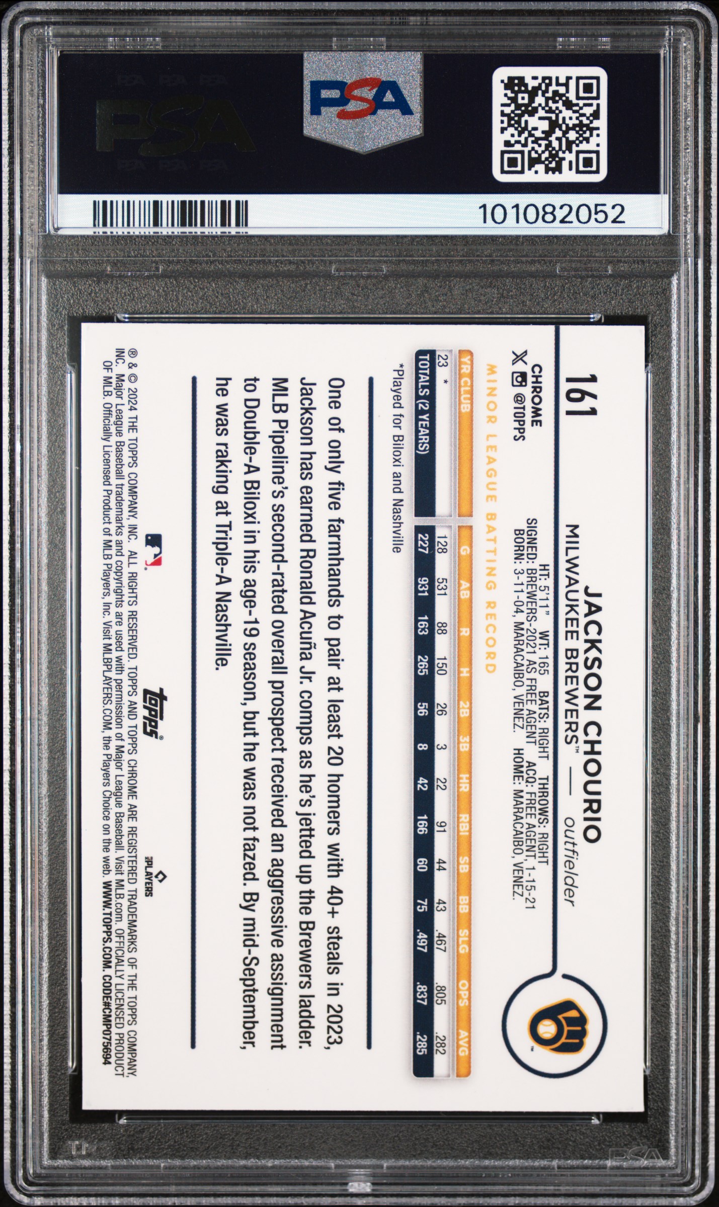 2024 Topps Chrome Jackson Chourio #161 (Prism Refractor) Gem Mt 10 back