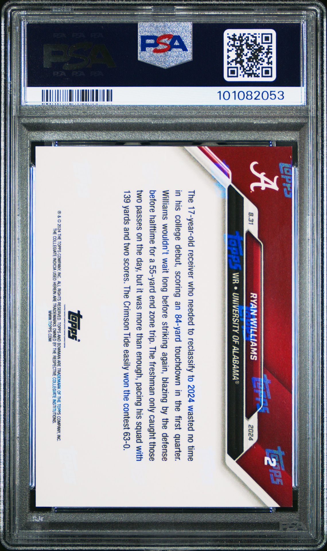 2024 Bowman U Now Ryan Williams #2 Gem Mt 10 back