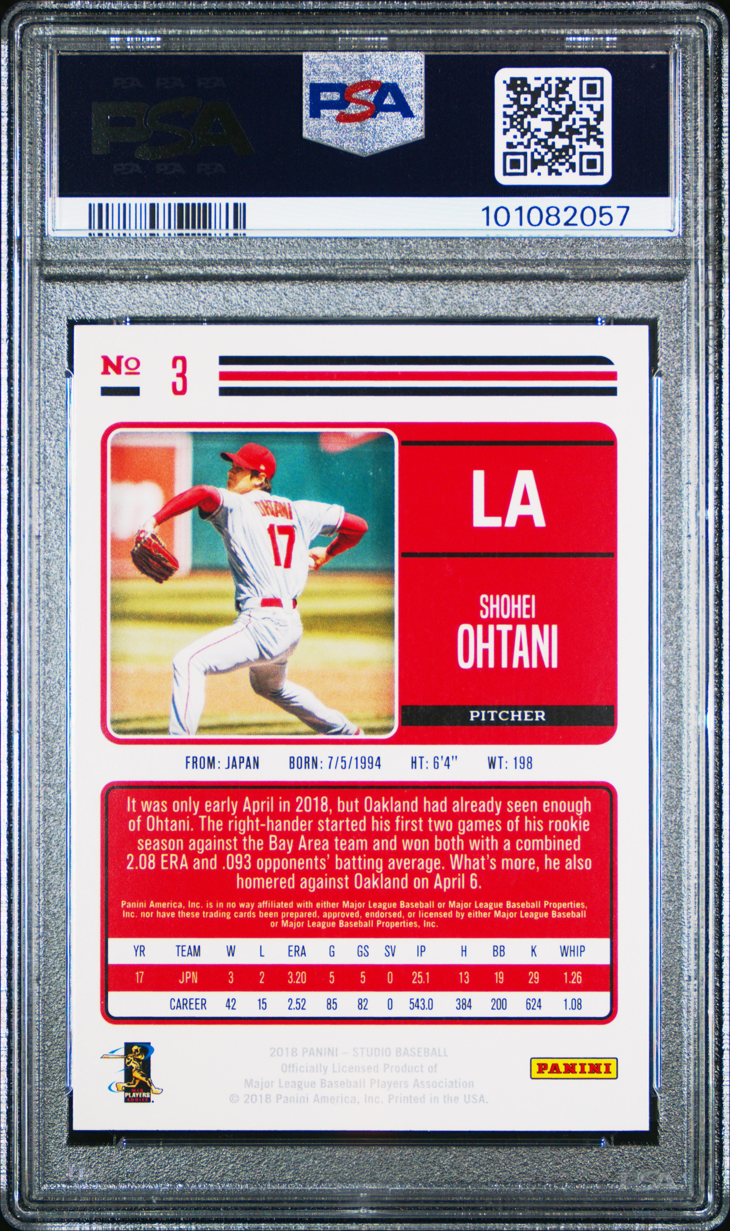 2018 Panini Chronicles Studio Shohei Ohtani #3 (Studio) Gem Mt 10 back