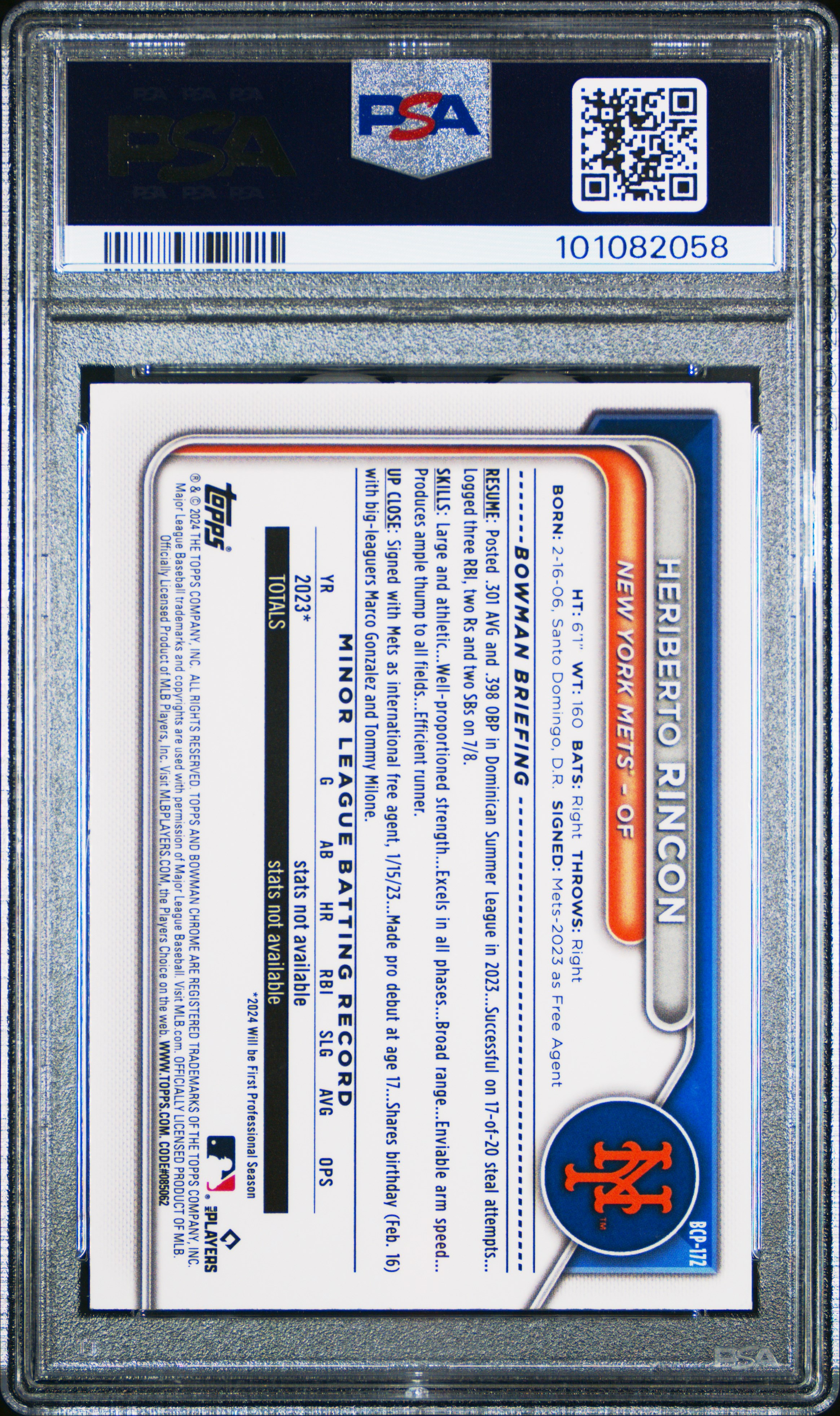 2024 Bowman Chrome Prospects Heriberto Rincon #Bcp172 (Prospects-Gold Refractor) Mint 9 back