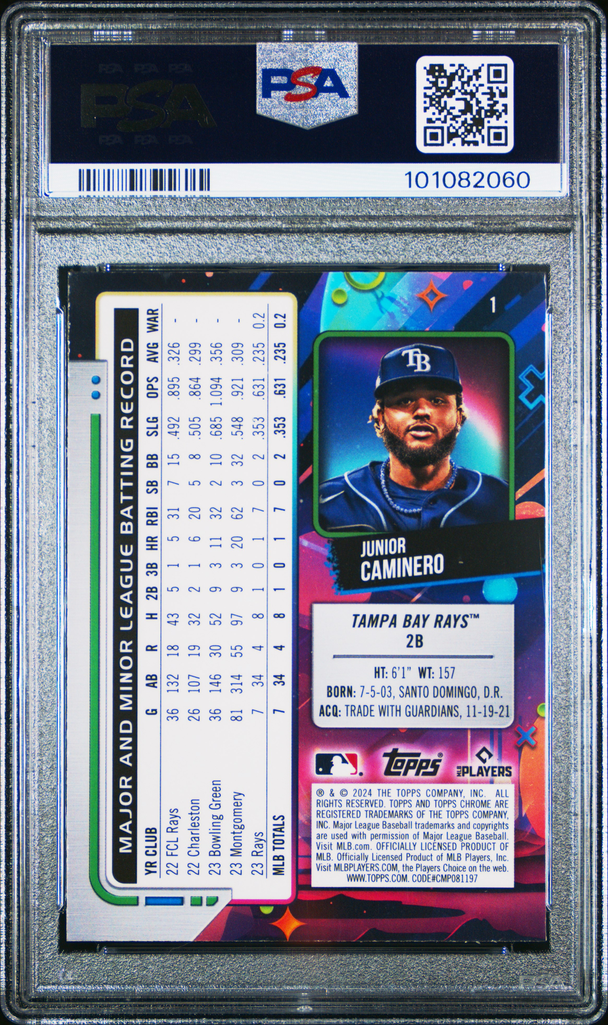2024 Topps Chrome Cosmic Junior Caminero #1 (Gold Interstellar Ref) Mint 9 back