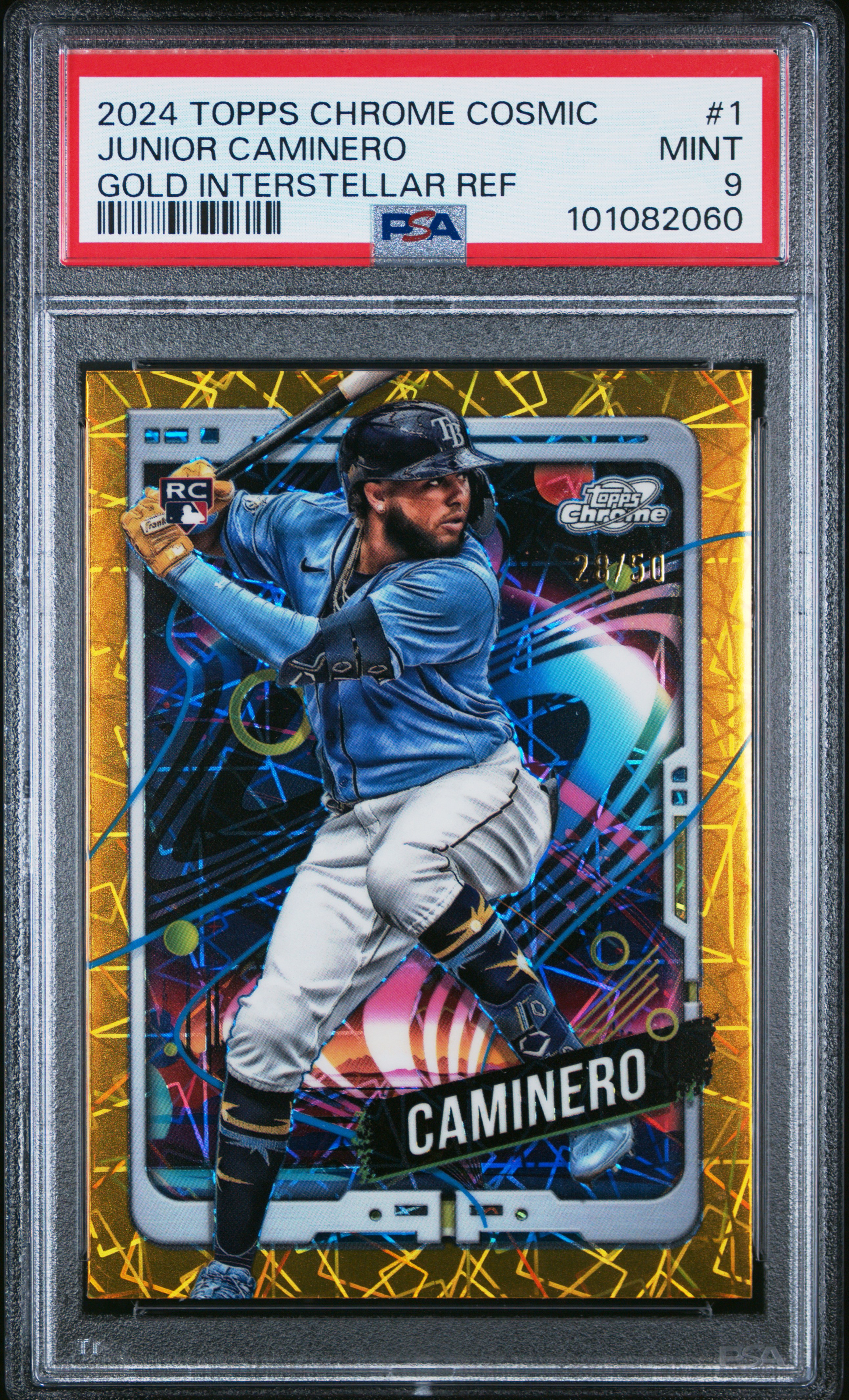 2024 Topps Chrome Cosmic Junior Caminero #1 (Gold Interstellar Ref) Mint 9 front