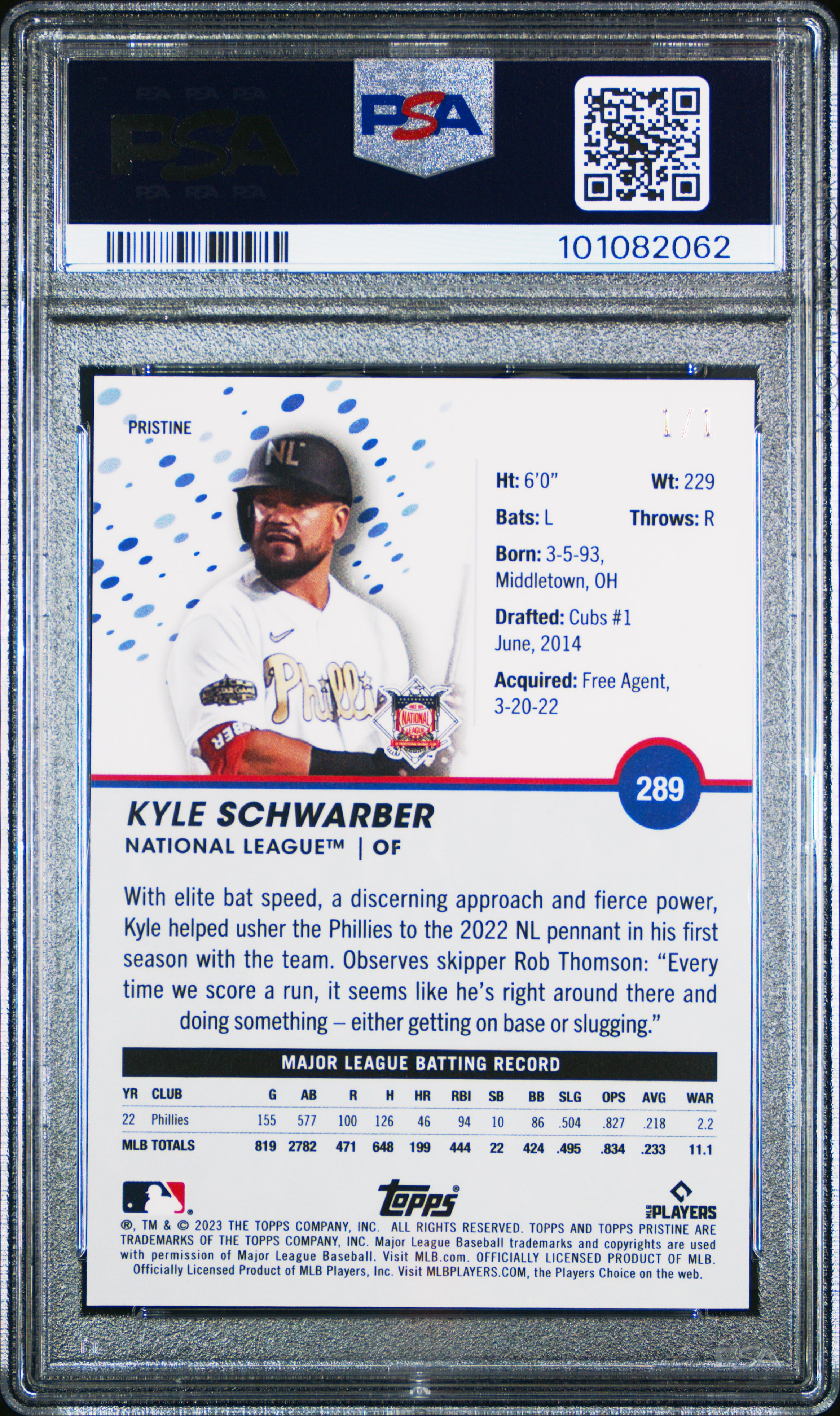 2023 Topps Pristine Kyle Schwarber #289 (Pristine Black 1/1) Ex-Mt 6 back