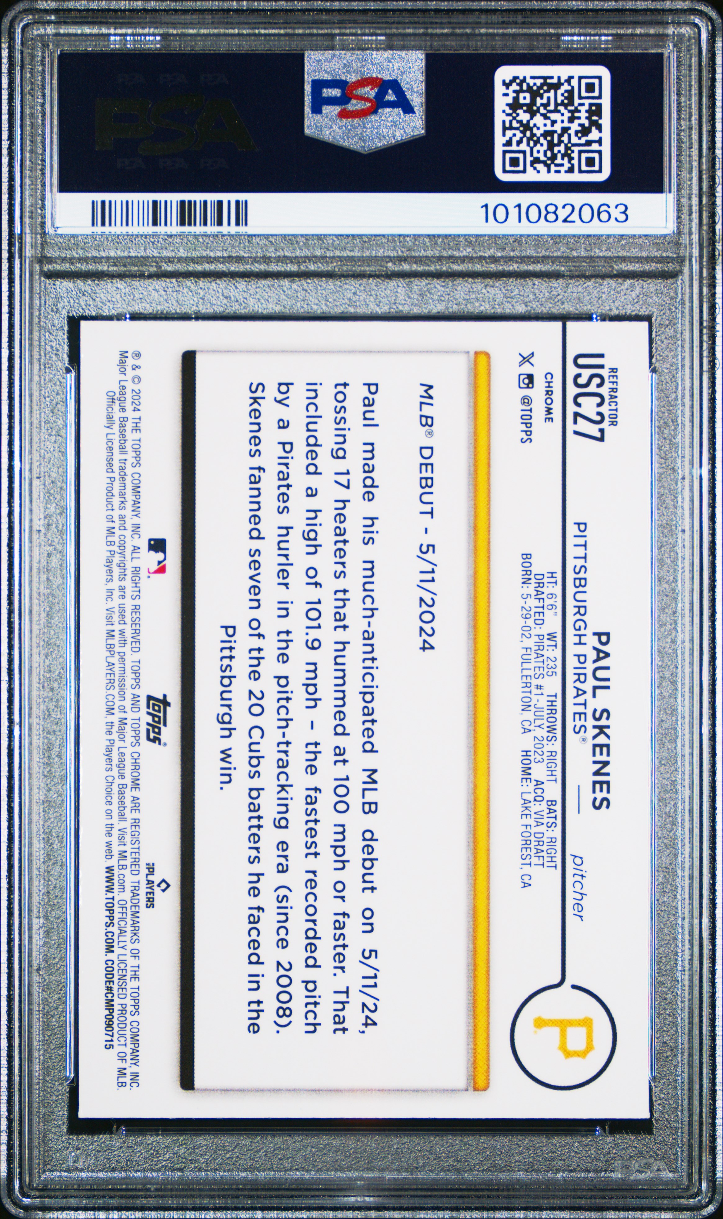 2024 Topps Chrome Update Paul Skenes #Usc27 (Prism Refractor) Gem Mt 10 back