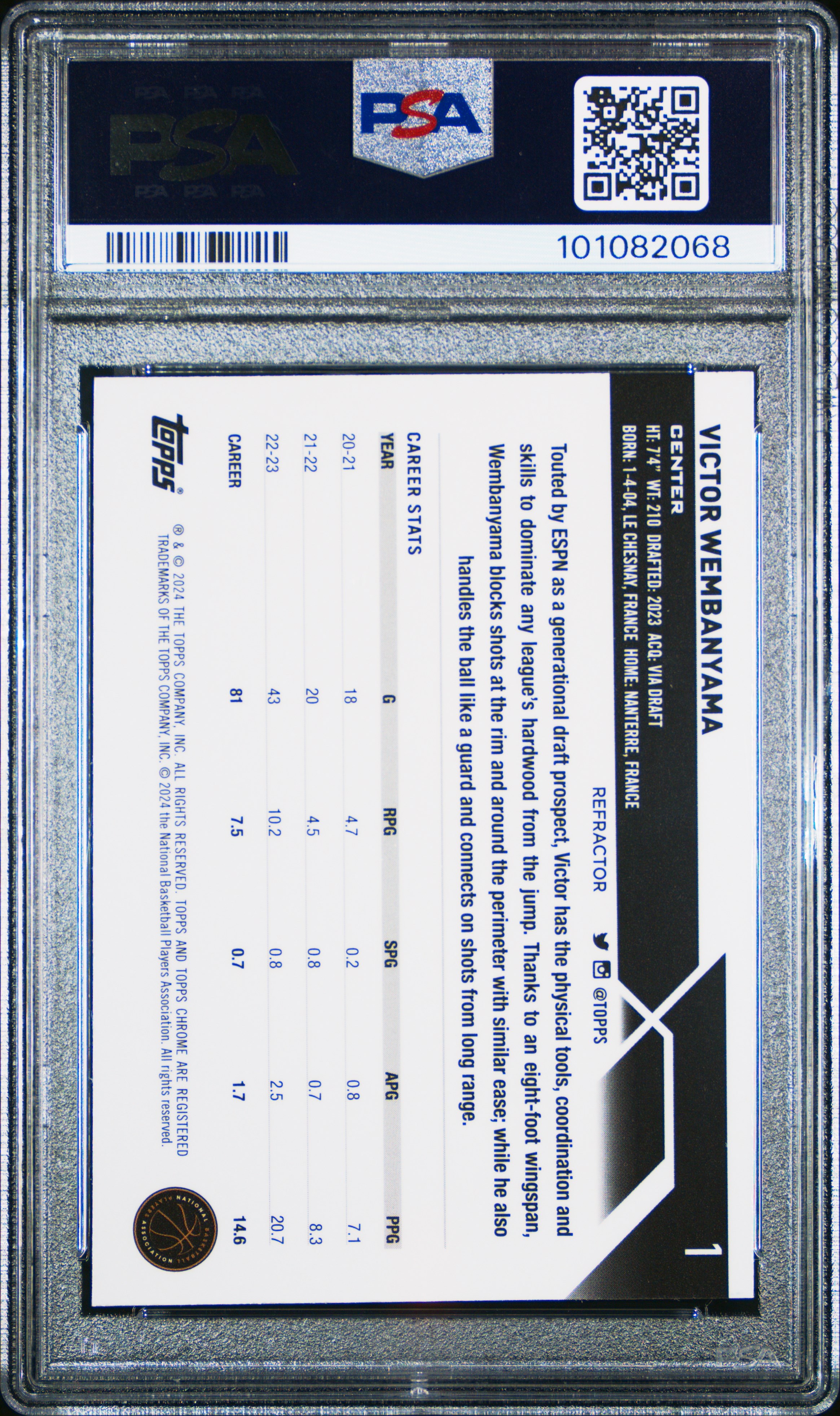 2023 Topps Chrome Victor Wembanyama #1 (Refractor) Mint 9 back