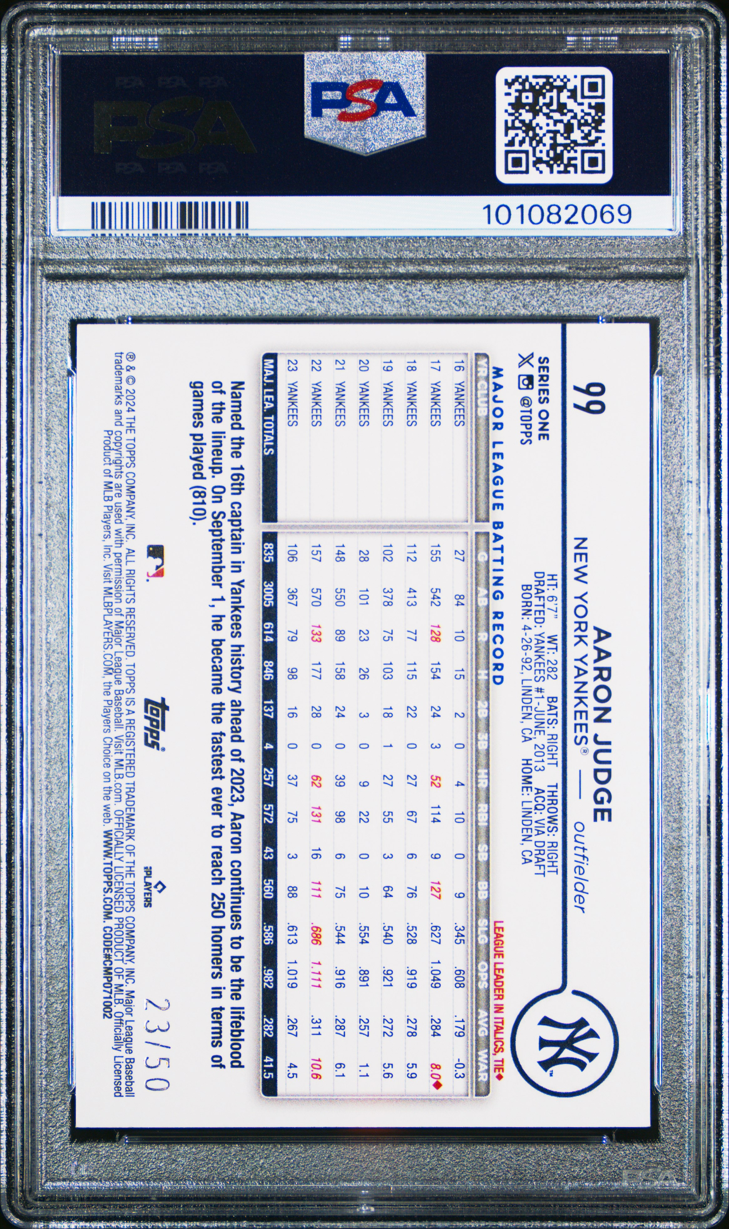 2024 Topps Aaron Judge #99 (Yellow Crackle Foil Board) Gem Mt 10 back