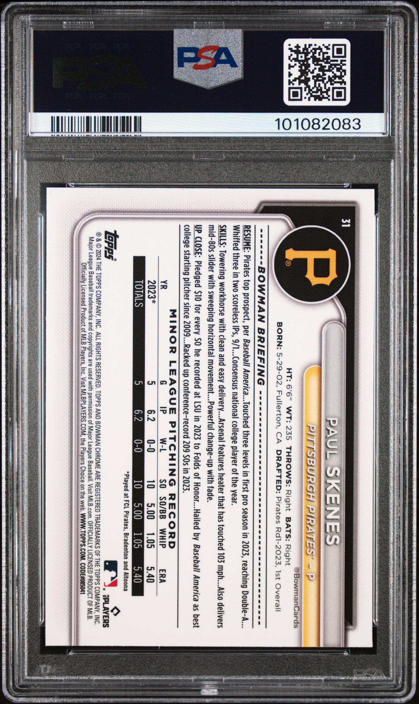 2024 Bowman Chrome Paul Skenes #31 Gem Mt 10 back