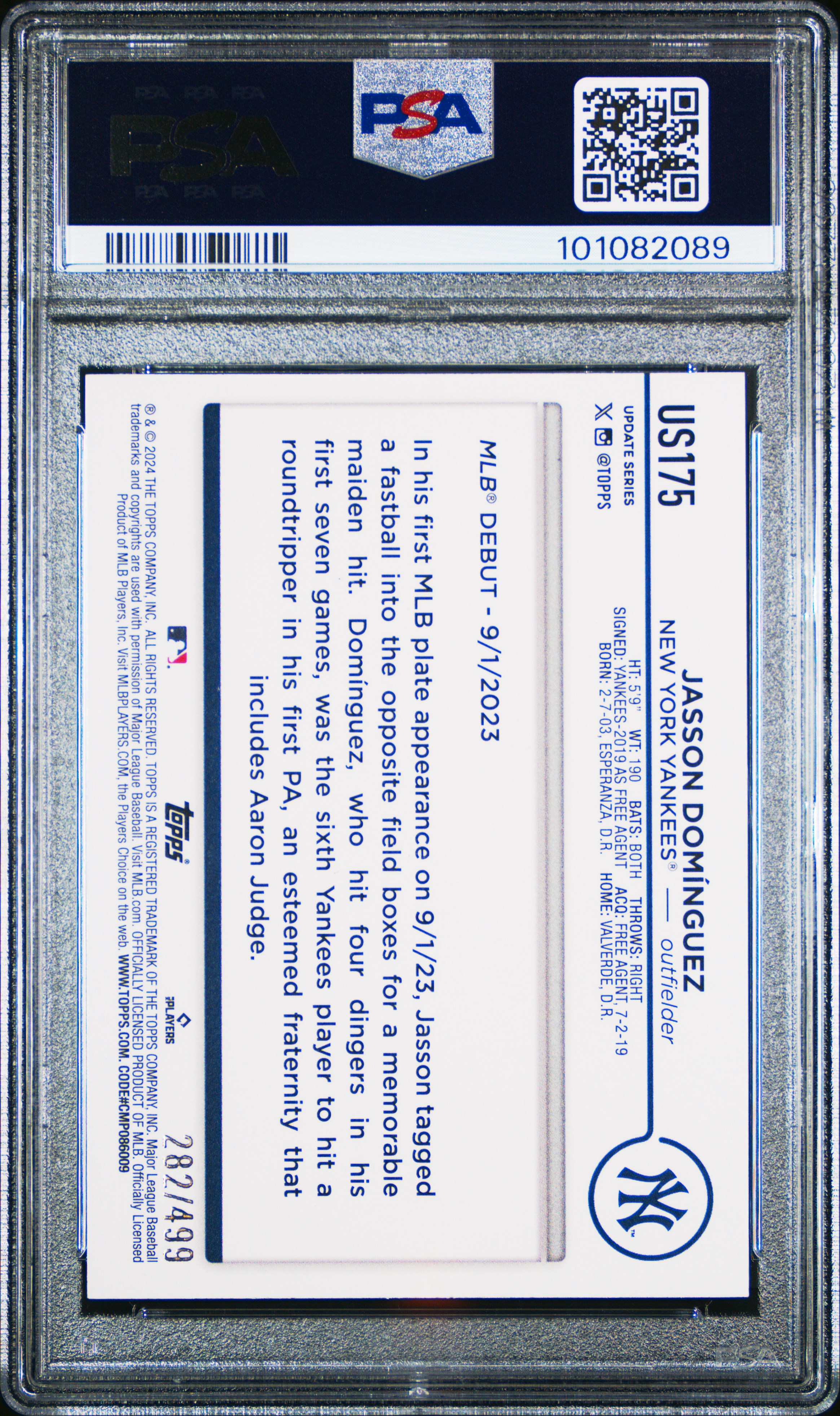 2024 Topps Update Jasson Dominguez #Us175 (Green Crackle Foil Board) Gem Mt 10 back