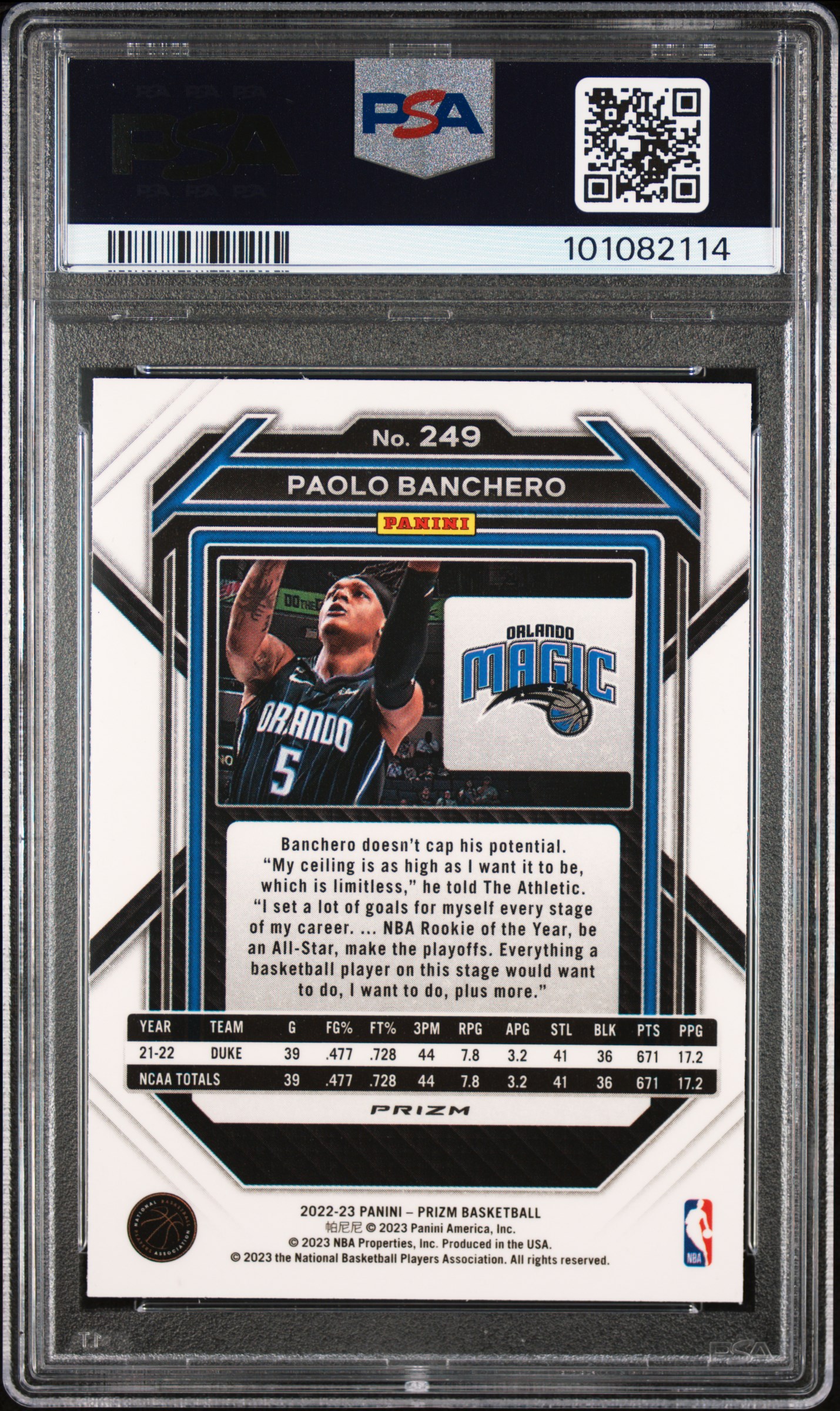 2022 Panini Prizm Paolo Banchero #249 (Green Prizm) Gem Mt 10 back
