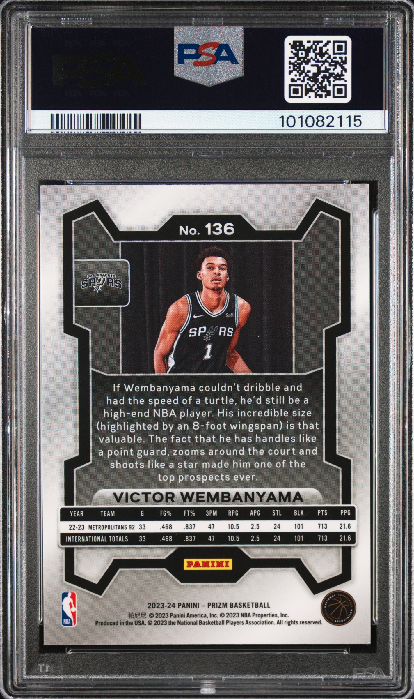 2023 Panini Prizm Victor Wembanyama #136 Gem Mt 10 back