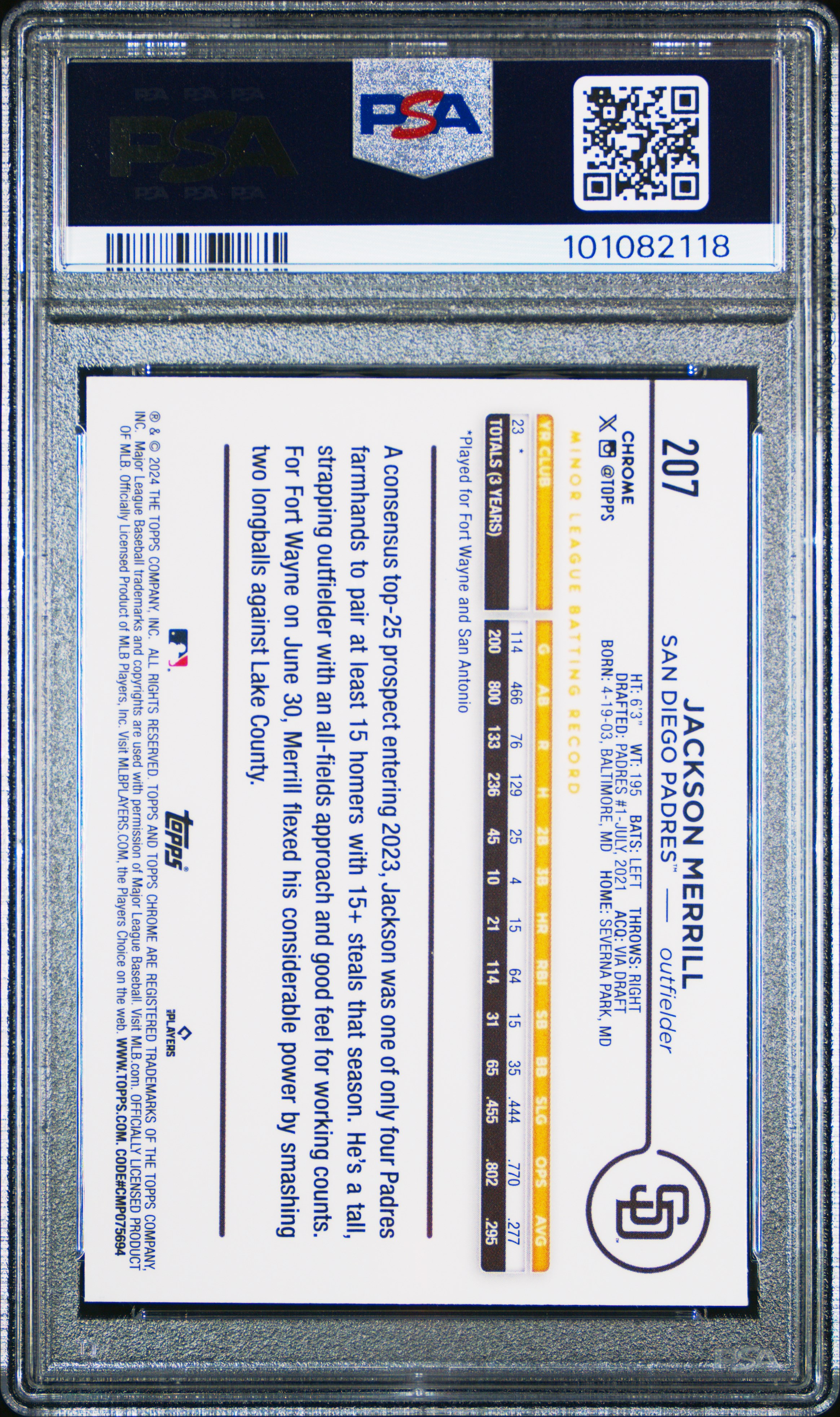 2024 Topps Chrome Jackson Merrill #207 (Pink Refractor) Gem Mt 10 back