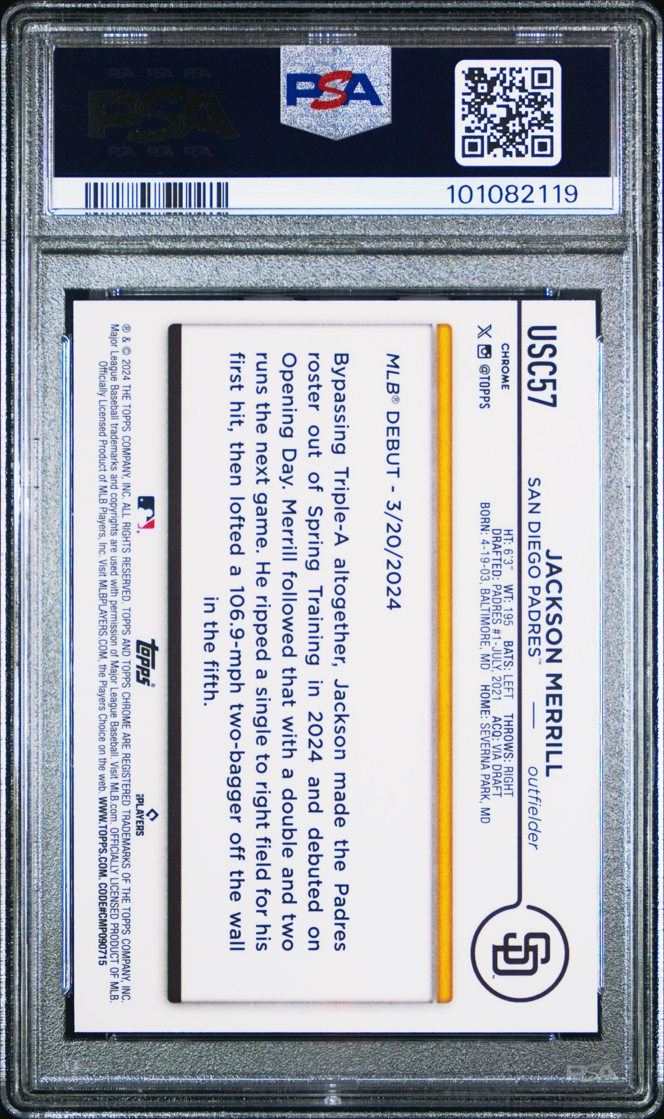 2024 Topps Chrome Update Jackson Merrill #Usc57 (Magenta Refractor) Gem Mt 10 back