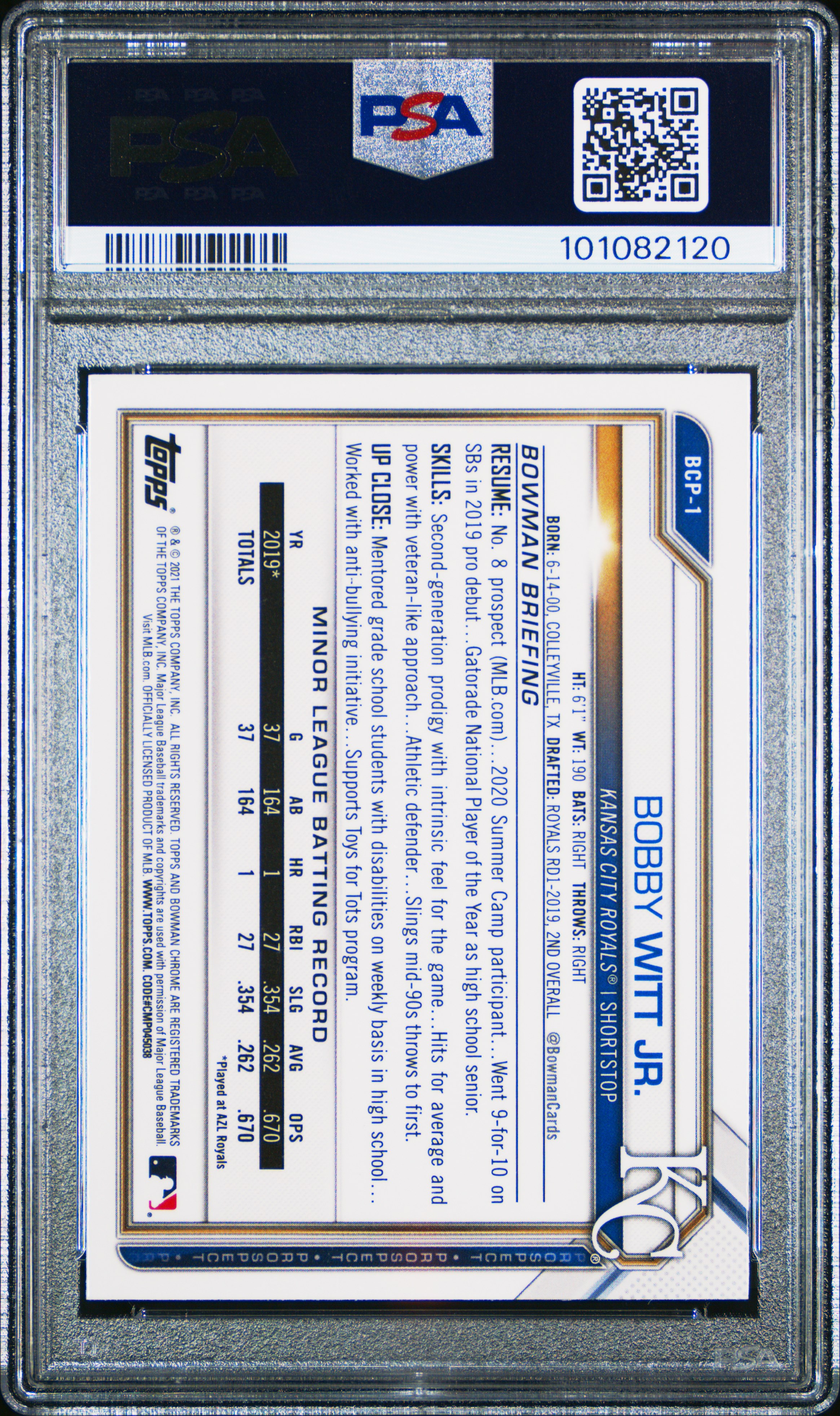 2021 Bowman Sapphire Edition Chrome Prospects Bobby Witt Jr. #Bcp1 (Chrome Prospects) Mint 9 back