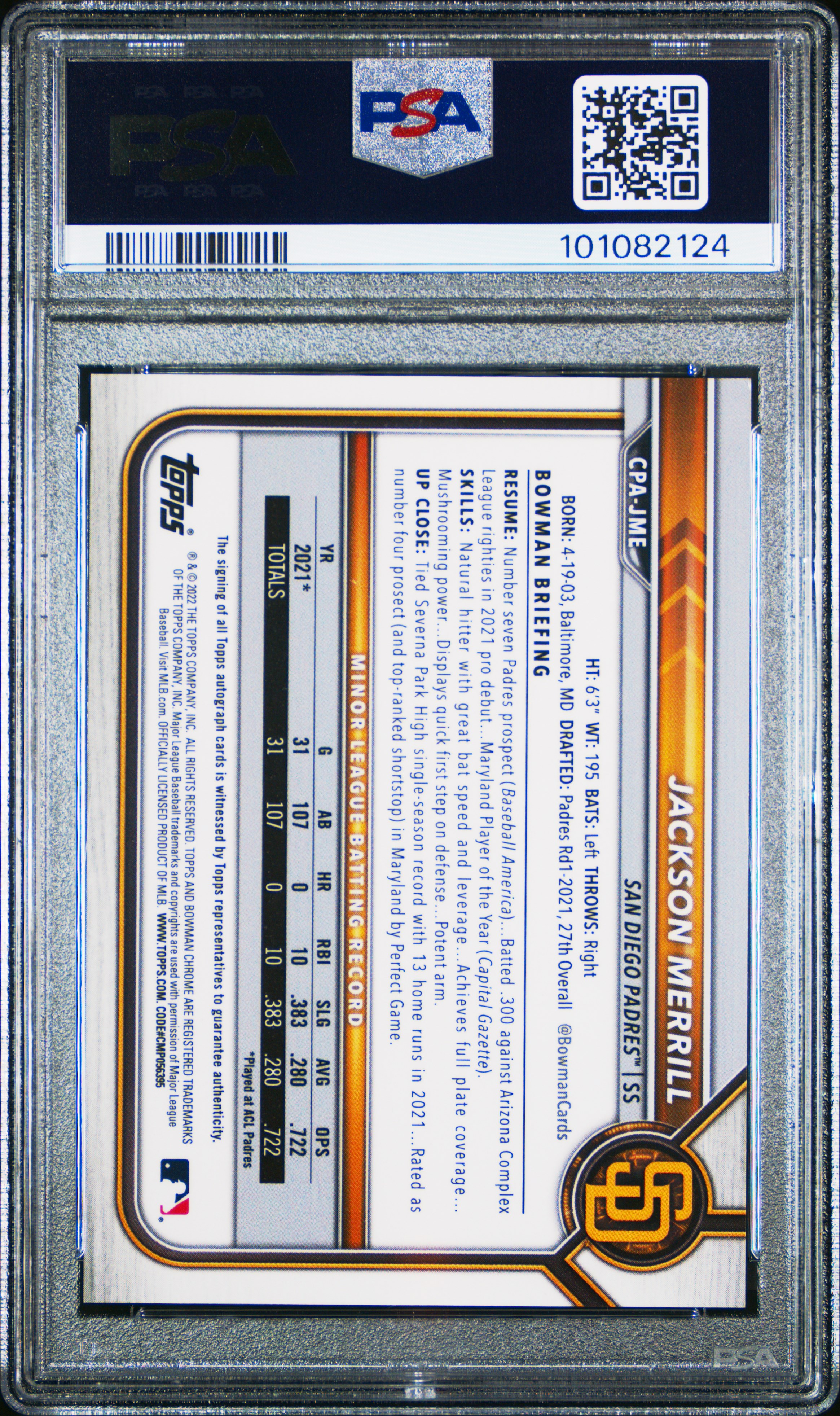 2022 Bowman Chrome Prospect Autographs Jackson Merrill #Cpajme (Prospect Autograph) Gem Mt 10 back