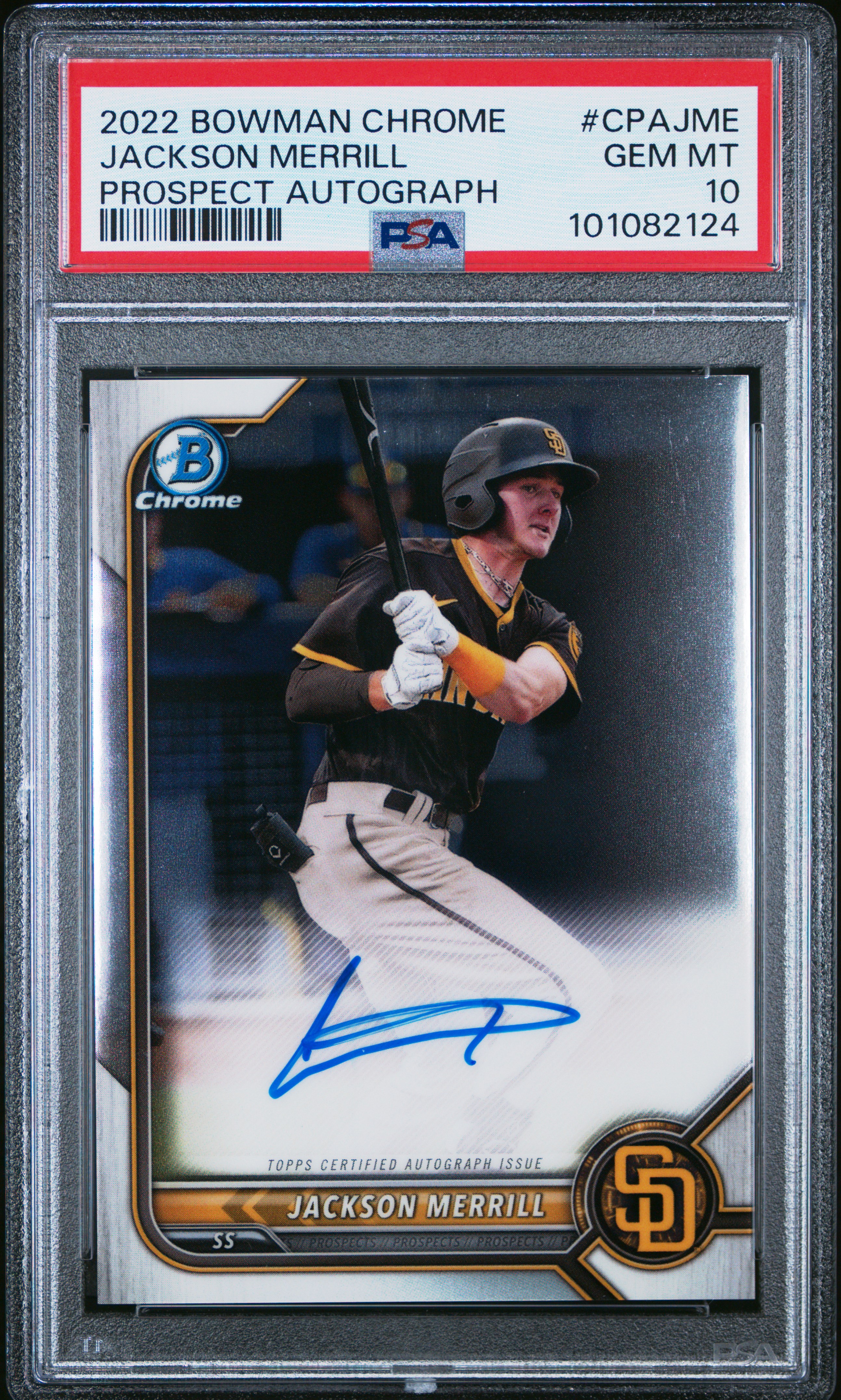 2022 Bowman Chrome Prospect Autographs Jackson Merrill #Cpajme (Prospect Autograph) Gem Mt 10 front