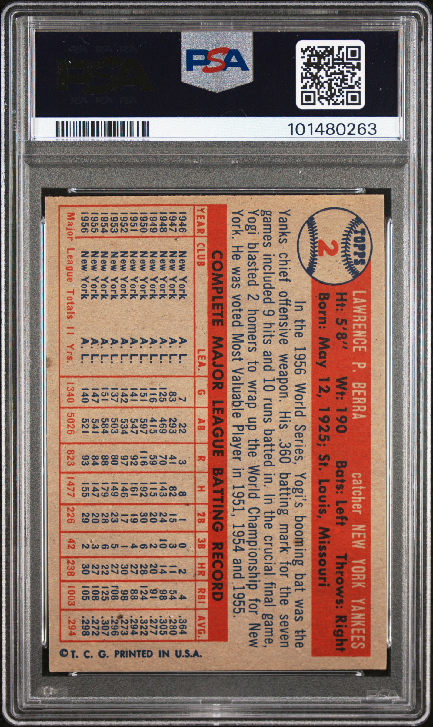 1957 Topps Yogi Berra #2 Ex 5 back