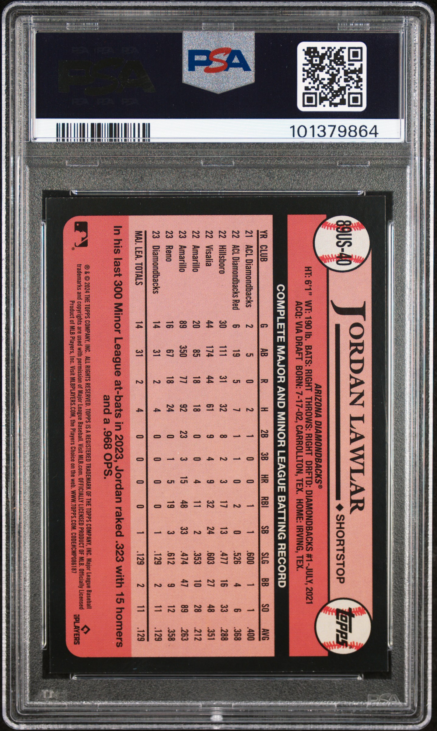 2024 Topps Update 1989 Topps Baseball Jordan Lawlar #40 (1989 Topps-Blue) Mint 9 back