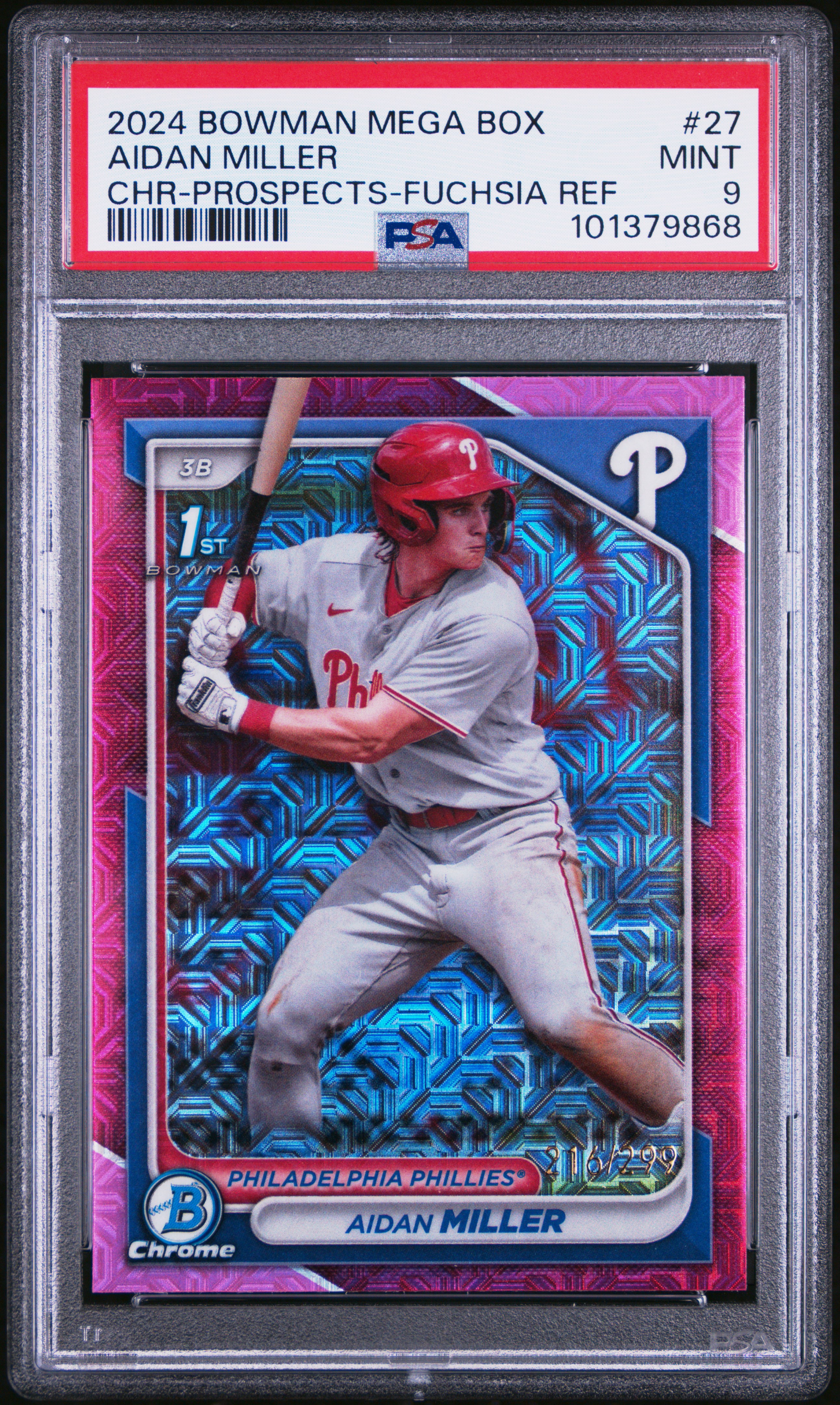2024 Bowman Mega Box Chrome Prospects Aidan Miller #27 (Chr-Prospects-Fuchsia Ref) Mint 9 front