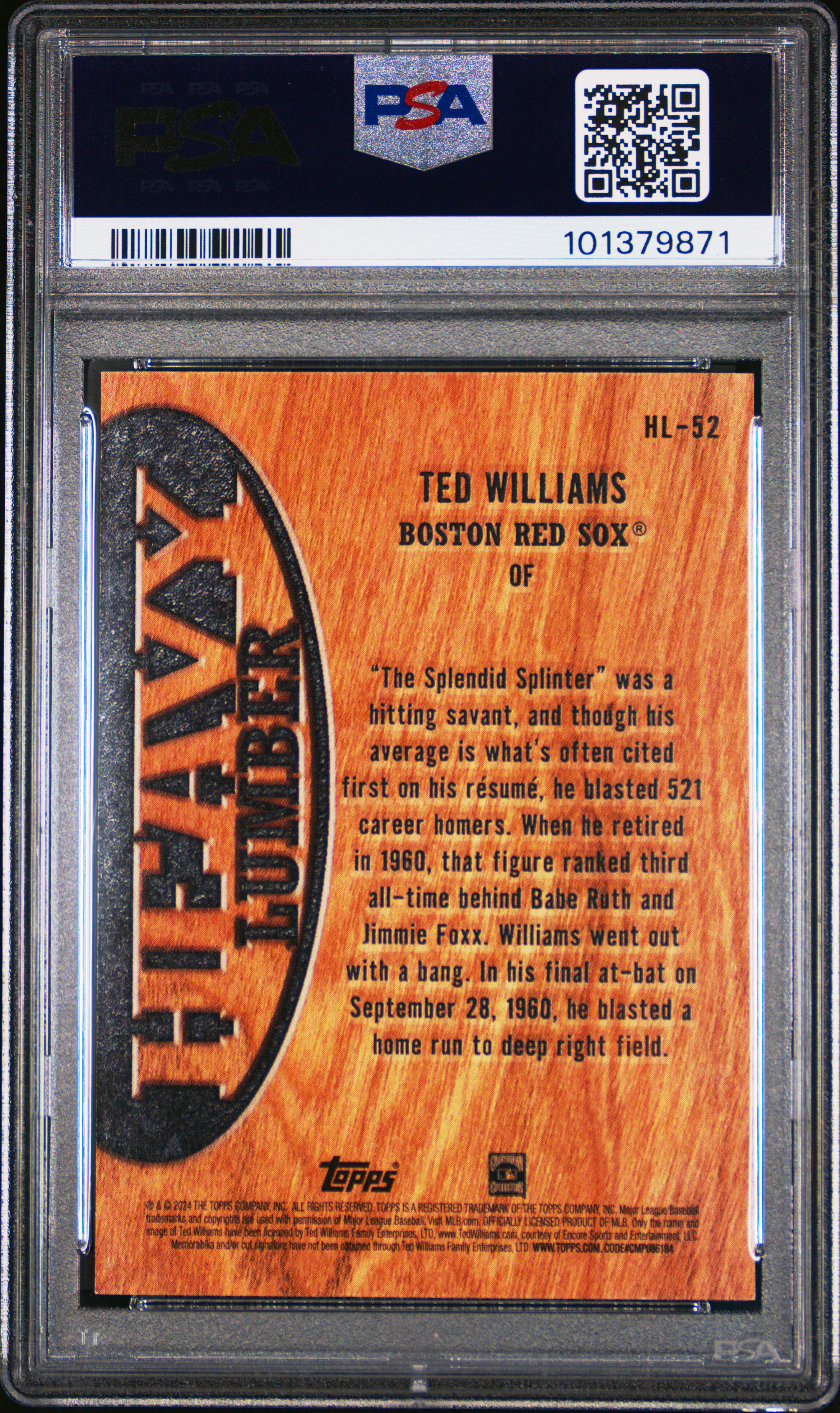 2024 Topps Heavy Lumber Ted Williams #Hl52 (Update) Mint 9 back
