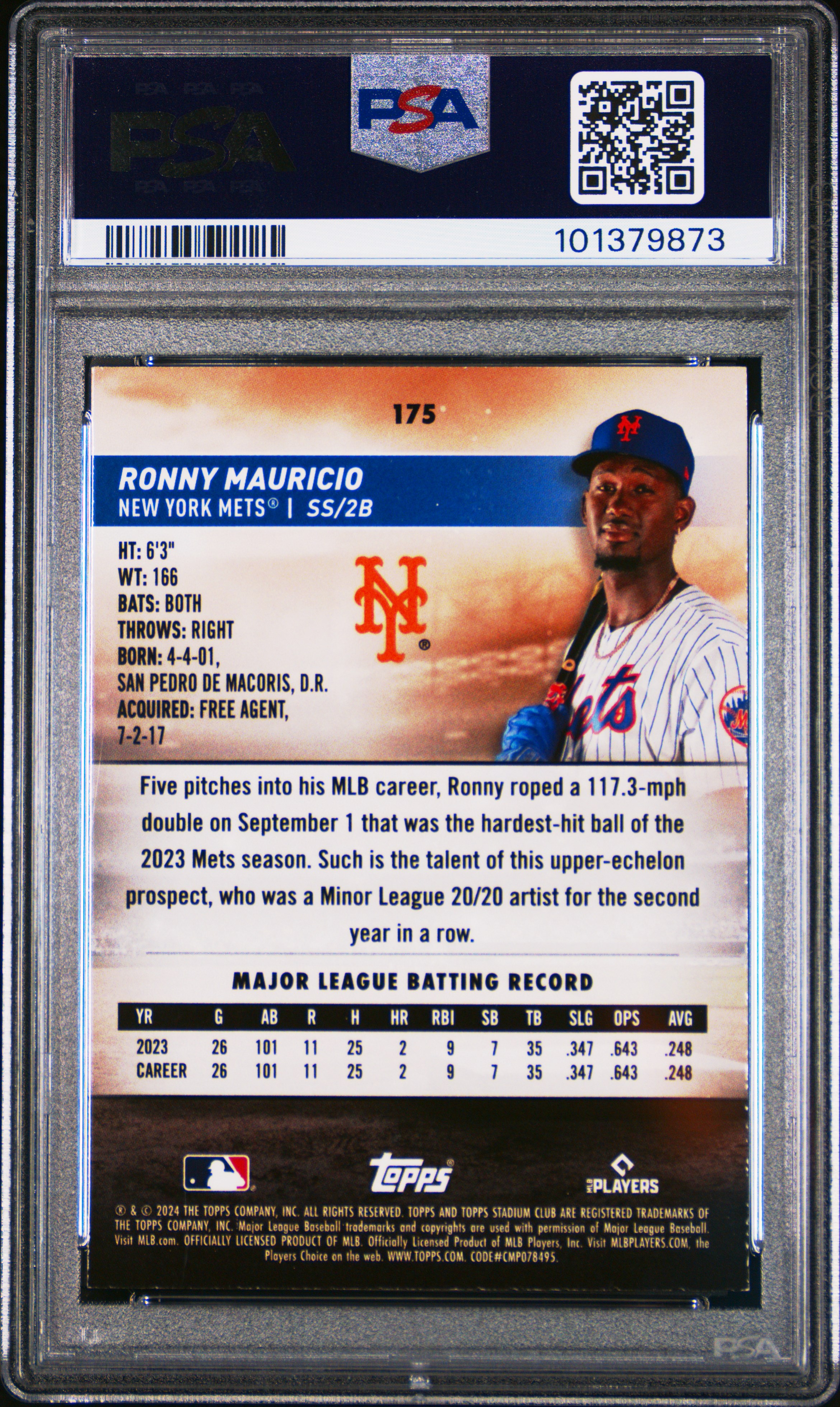 2024 Topps Stadium Club Ronny Mauricio #175 (Rookie Design Variation) Nm-Mt 8 back