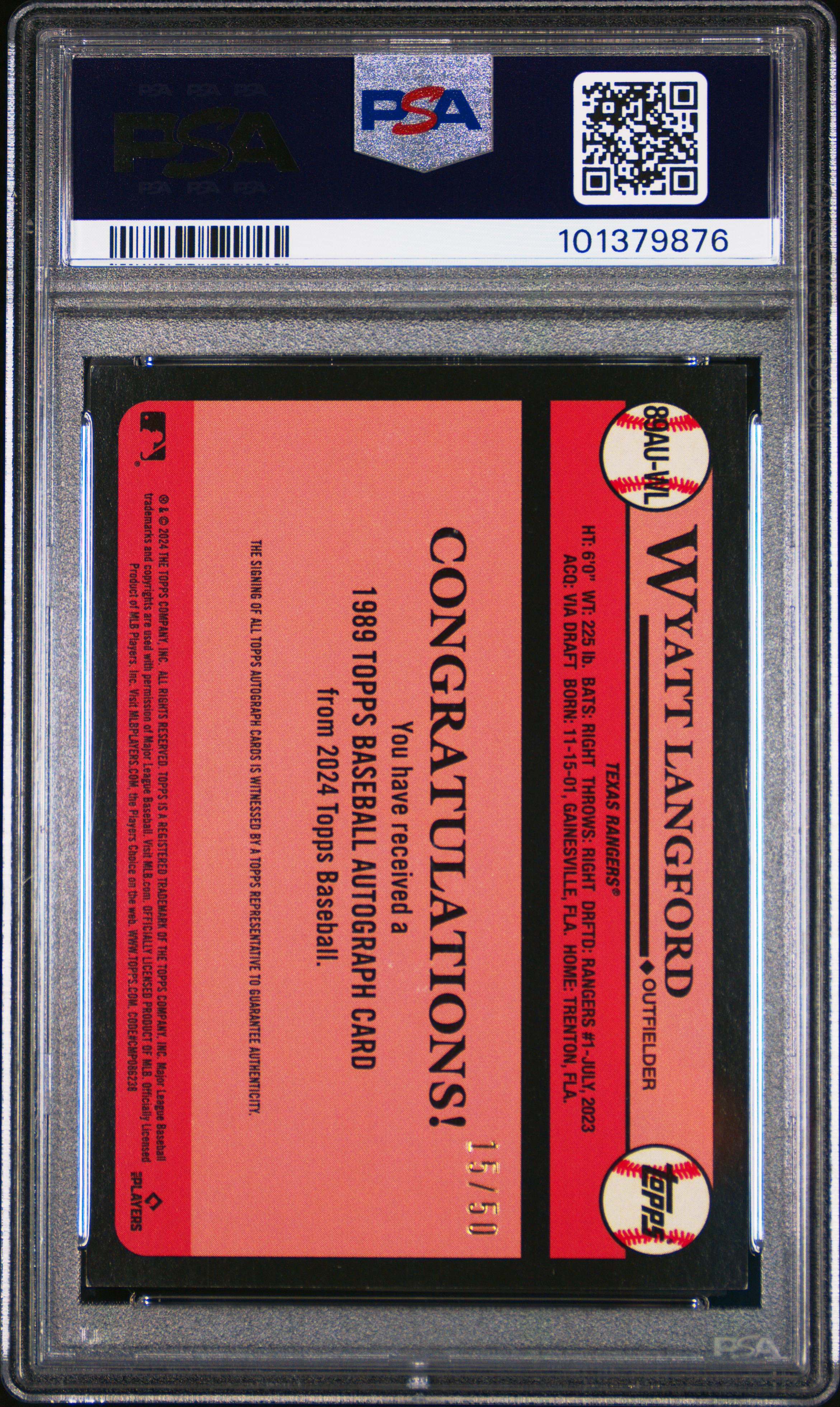 2024 Topps Update 1989 Topps Baseball Autographs Wyatt Langford #Wl (1989 Topps Autograph-Gold) Nm 7 back