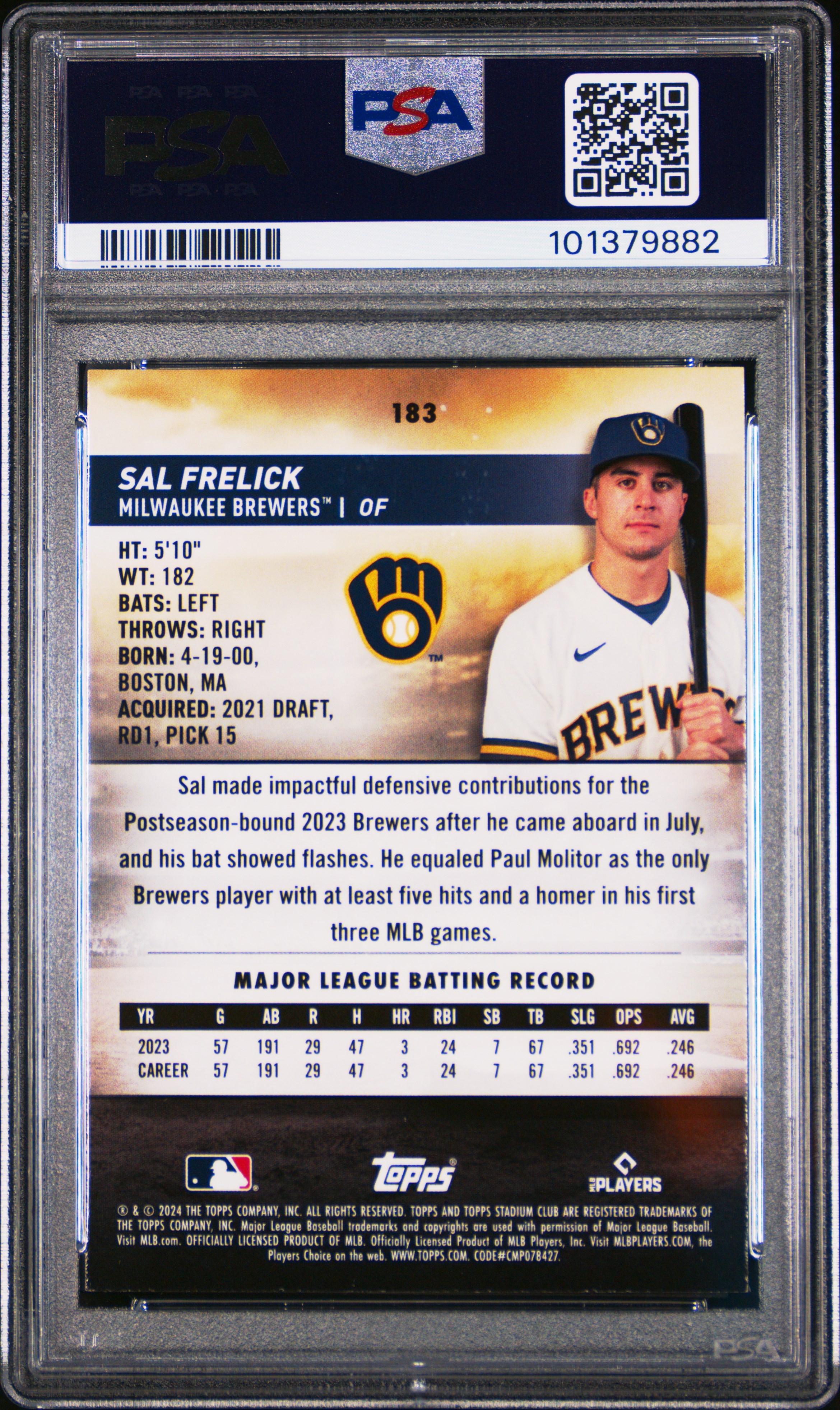 2024 Topps Stadium Club Sal Frelick #183 (Black & White) Nm-Mt 8 back