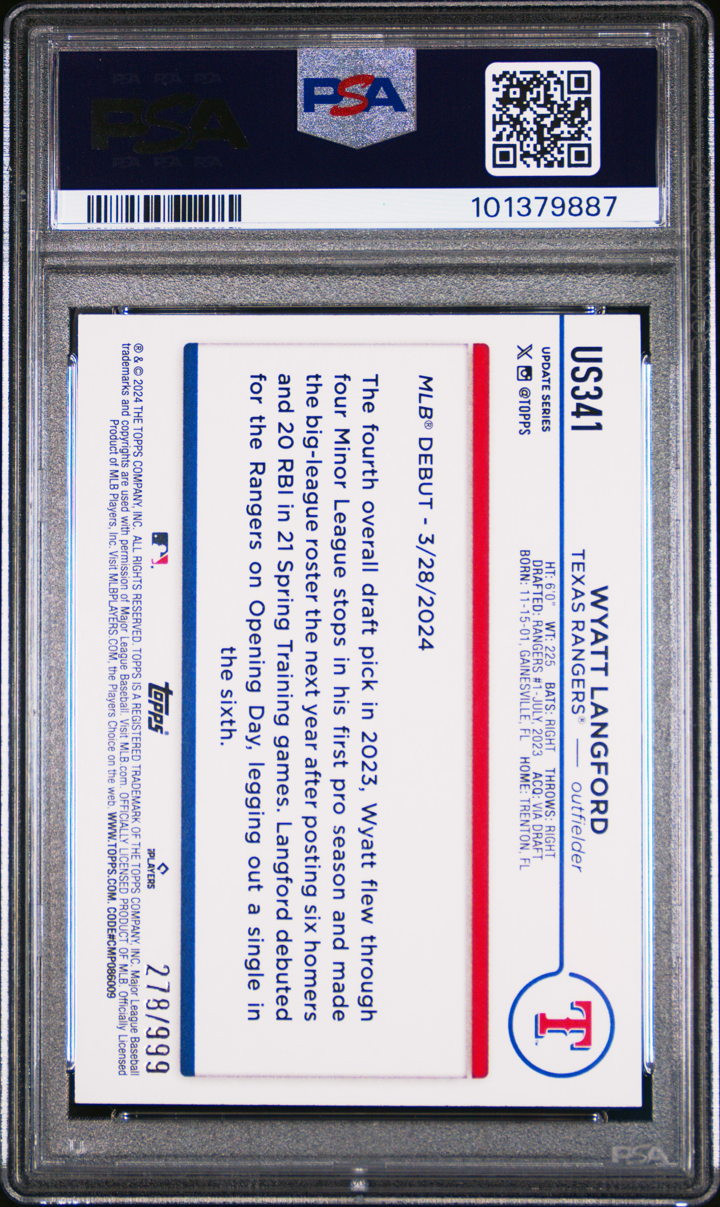 2024 Topps Update Wyatt Langford #Us341 (Blue Holo Foilboard) Mint 9 back