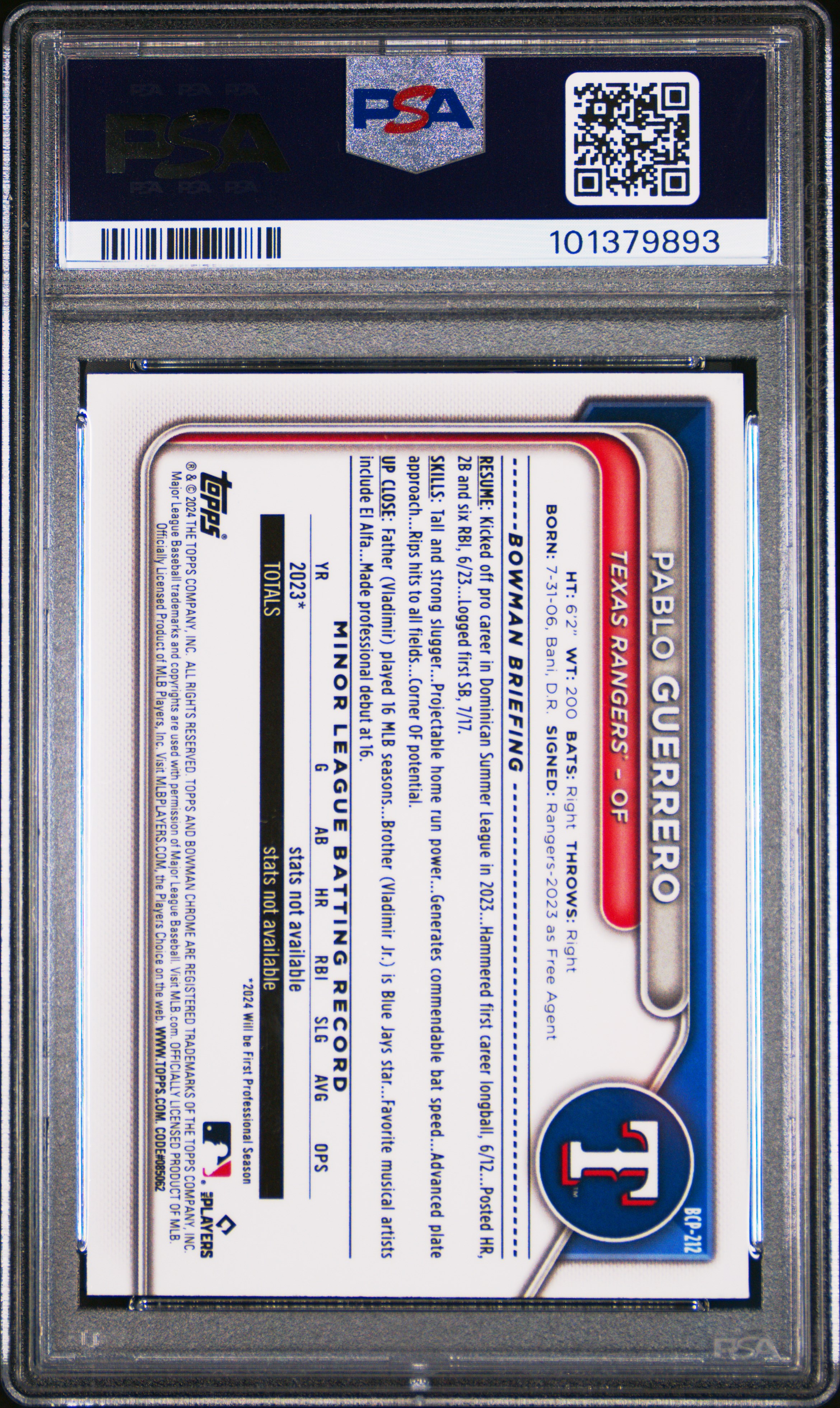 2024 Bowman Chrome Prospects Pablo Guerrero #Bcp212 (Prospects-Green Refractor) Mint 9 back