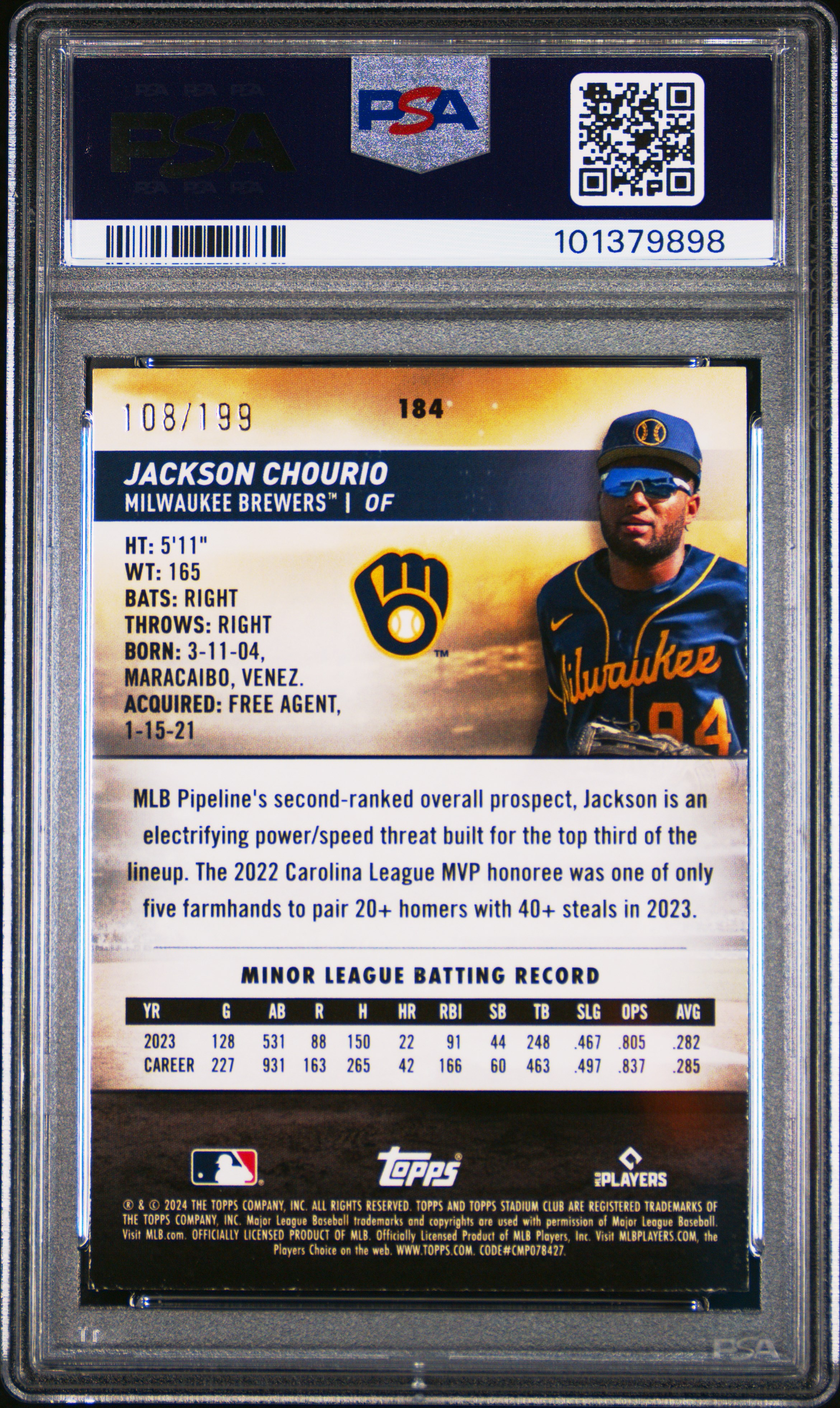 2024 Topps Stadium Club Jackson Chourio #184 (Green Foil) Nm-Mt 8 back