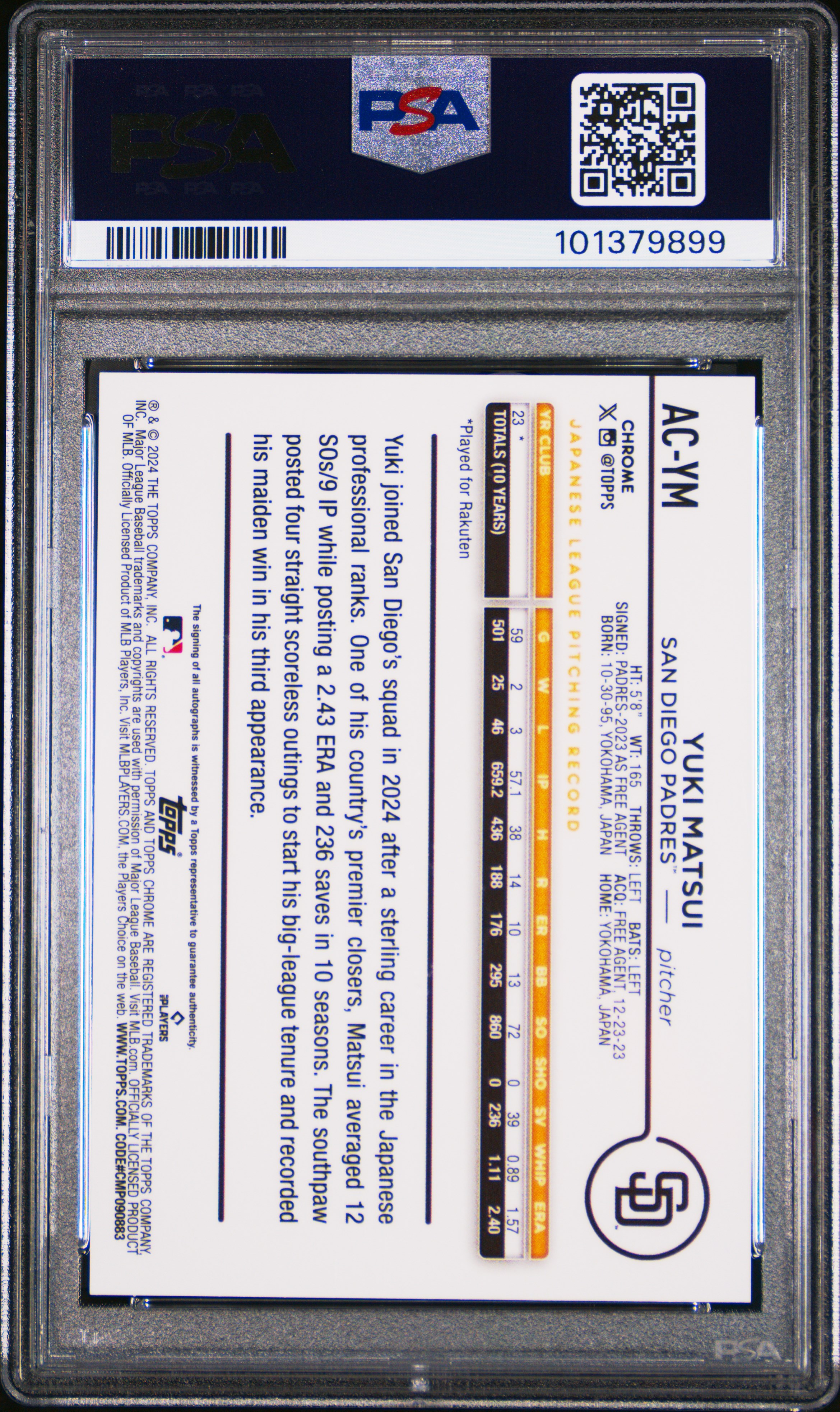 2024 Topps Chrome Update Chrome Baseball Update Series Autographs Yuki Matsui #Acym (Autograph-Purple Speckle) Mint 9 back