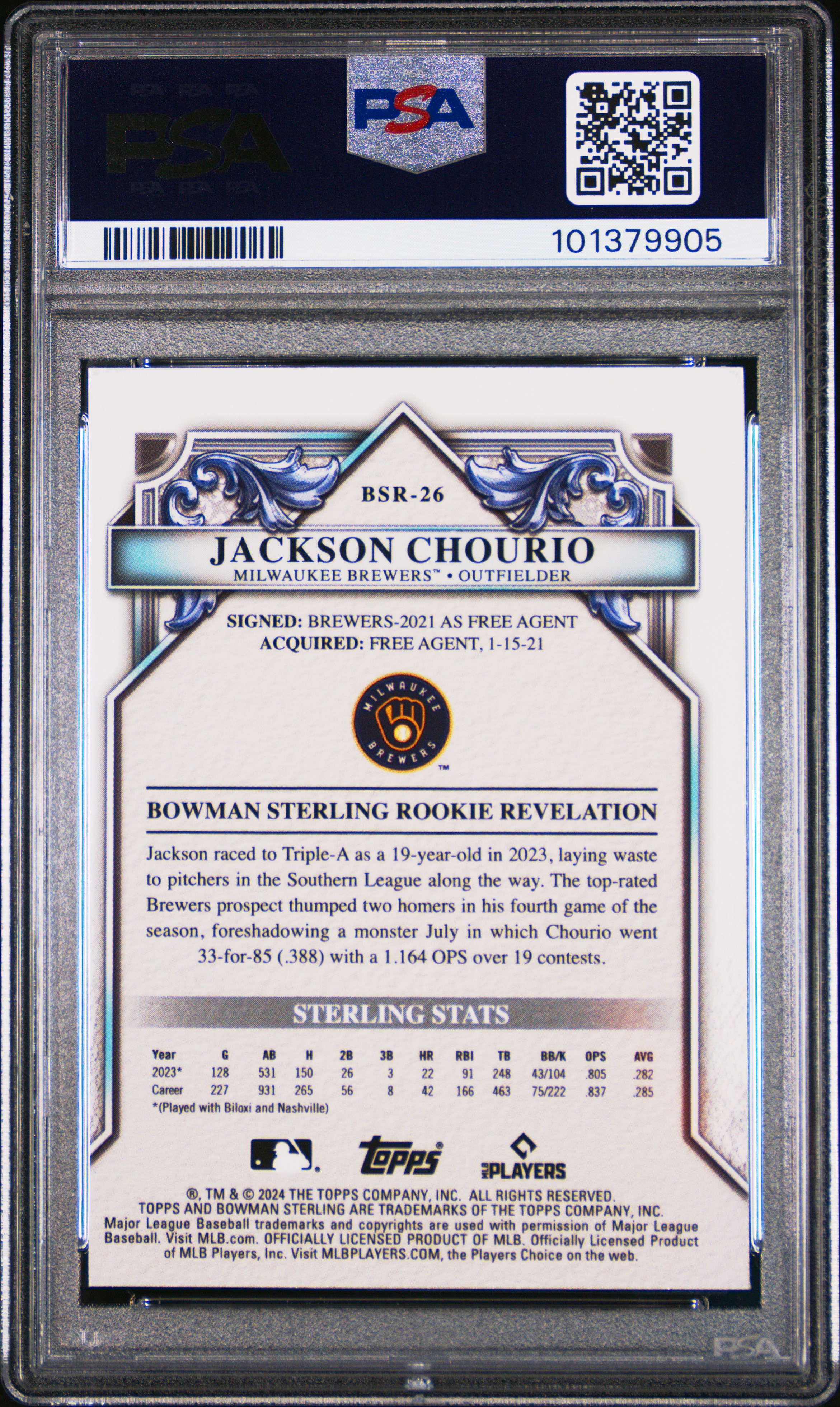 2024 Bowman Sterling Rookies Jackson Chourio #Bsr26 (Rookies-Magenta Refractor) Mint 9 back