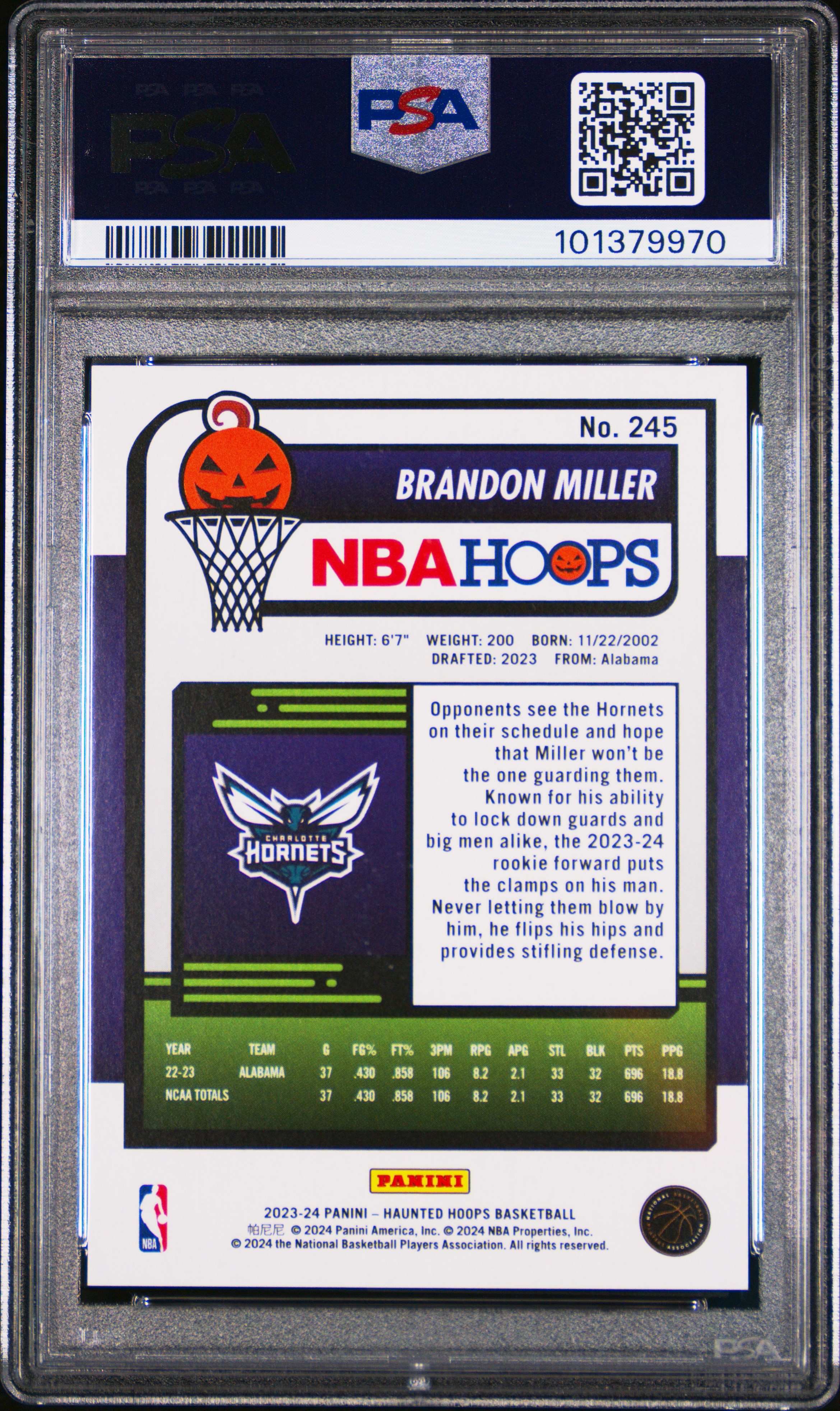 2023 Panini Haunted Hoops Brandon Miller #245 (Orange) Mint 9 back