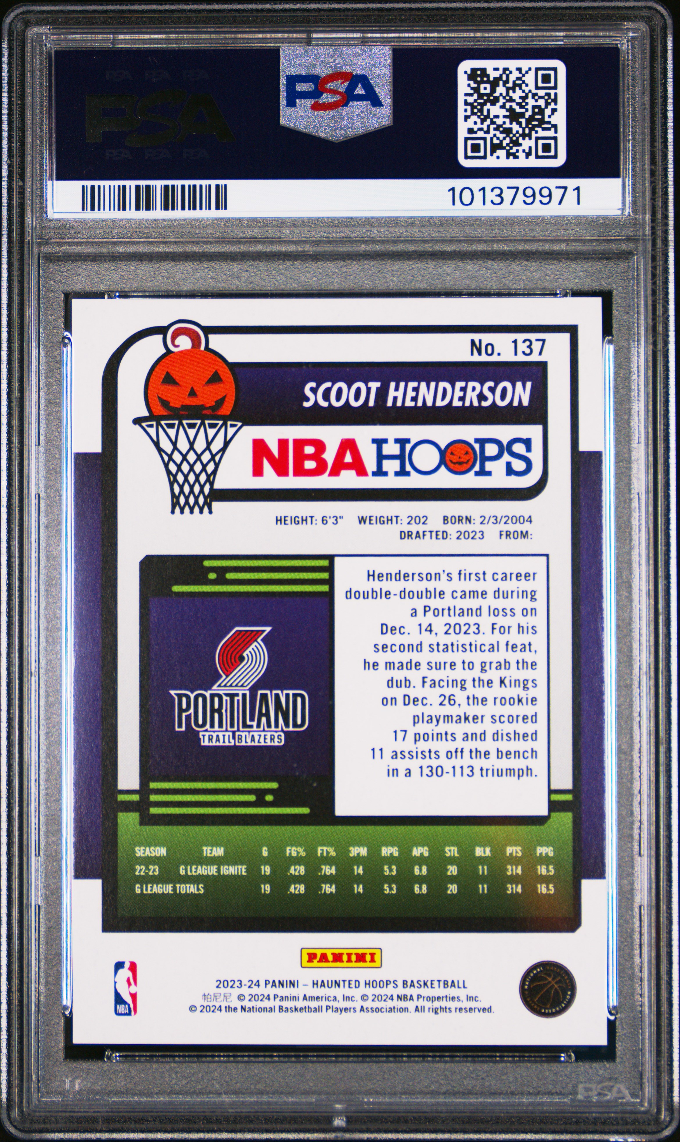 2023 Panini Haunted Hoops Scoot Henderson #137 (Orange) Mint 9 back