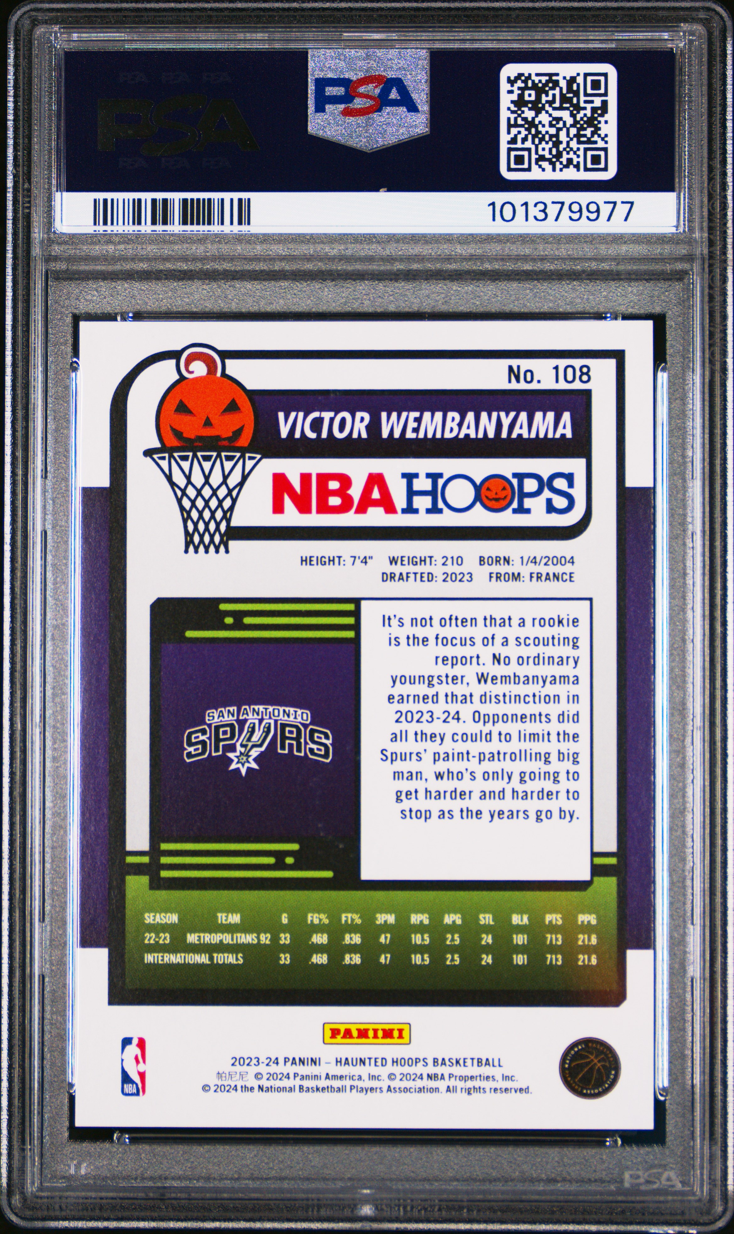 2023 Panini Haunted Hoops Victor Wembanyama #108 (Orange) Mint 9 back