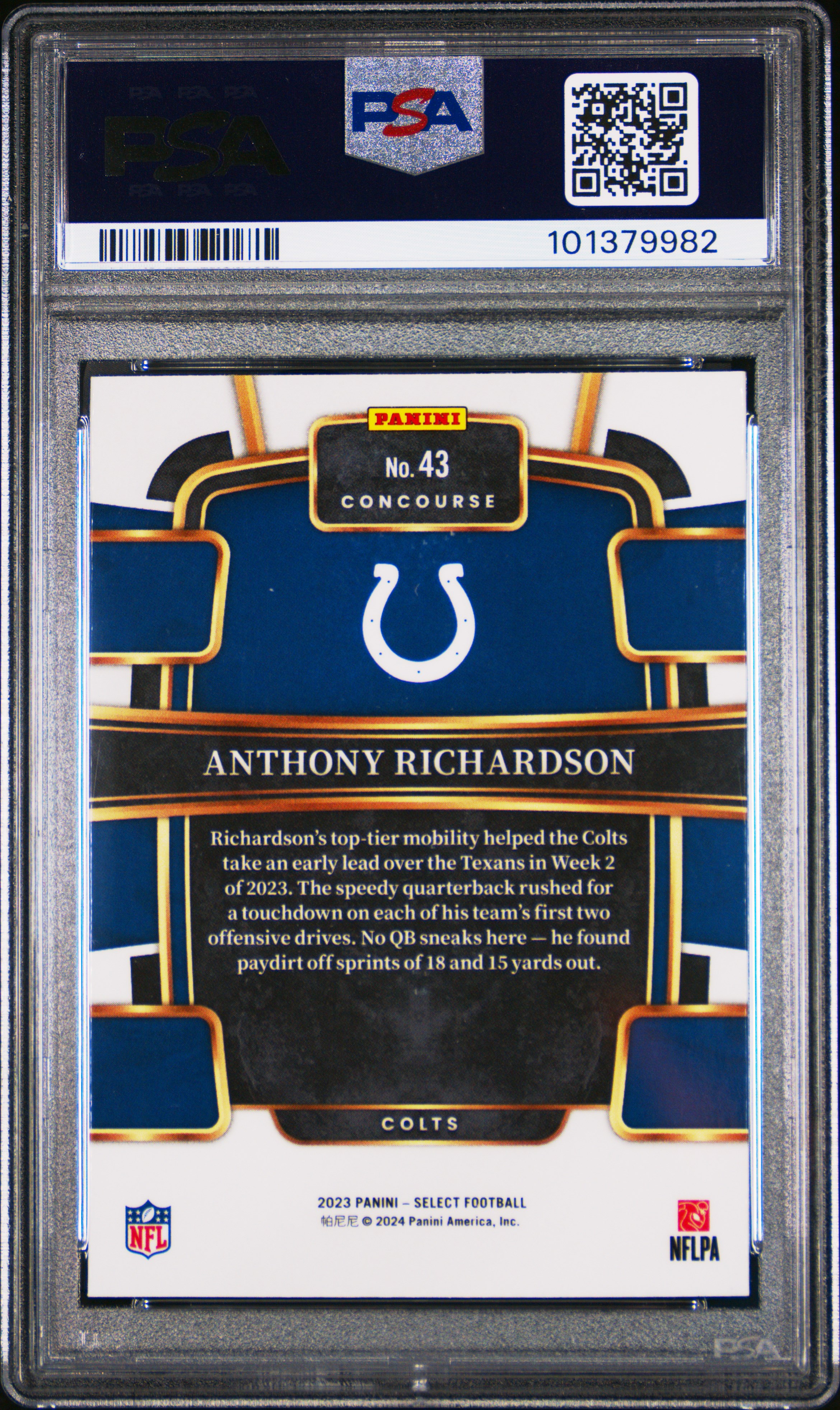 2023 Panini Select Anthony Richardson #43 Gem Mt 10 back