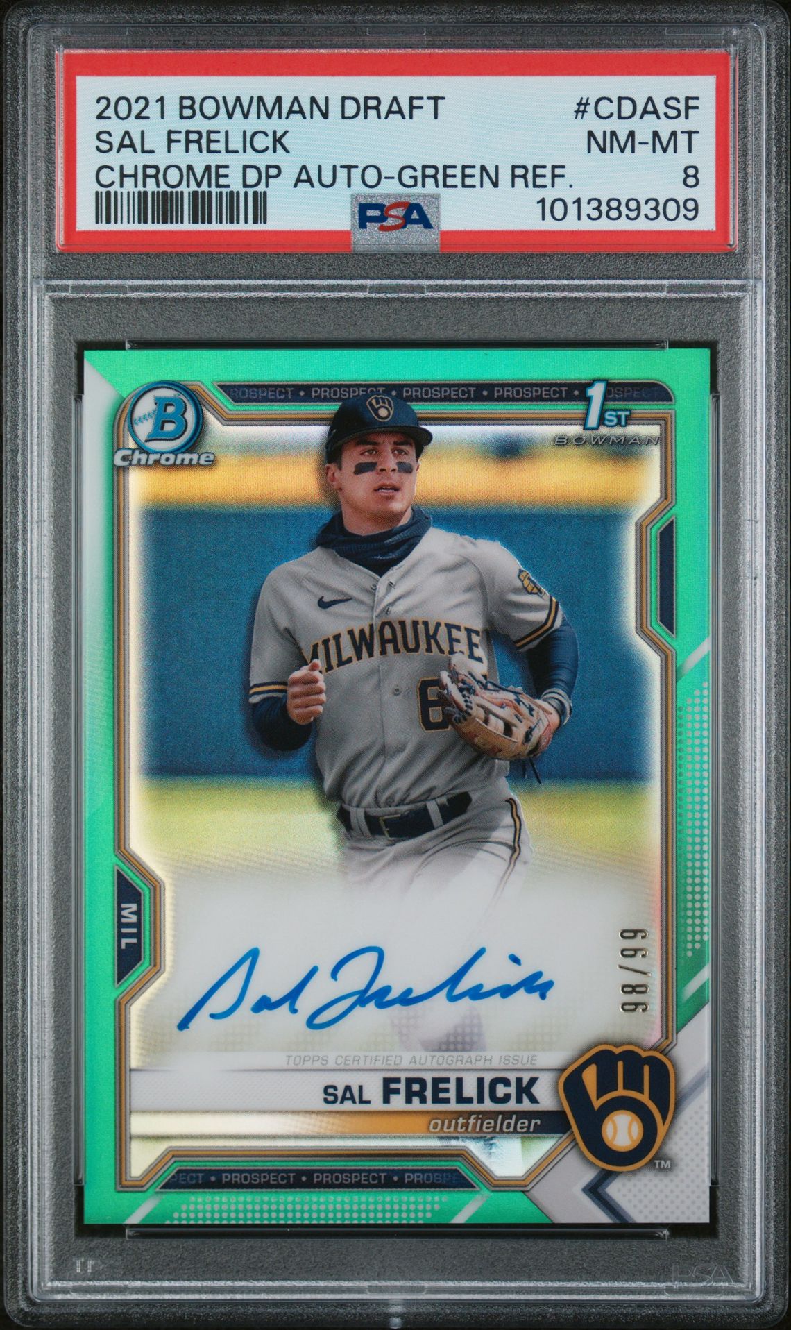 2021 Bowman Draft Chrome Draft Pick Autographs Sal Frelick #Cdasf (Chrome Dp Auto-Green Ref.) Nm-Mt 8 front