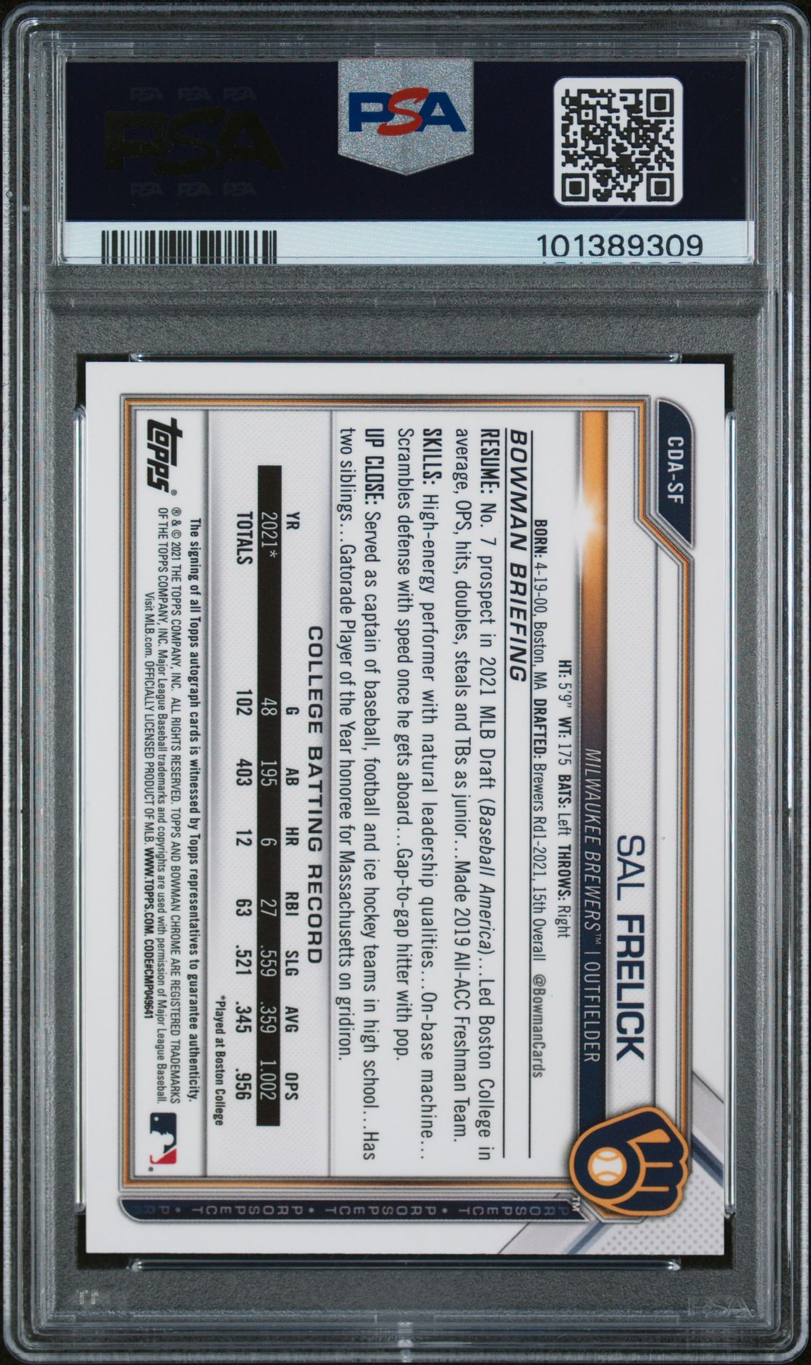 2021 Bowman Draft Chrome Draft Pick Autographs Sal Frelick #Cdasf (Chrome Dp Auto-Green Ref.) Nm-Mt 8 back