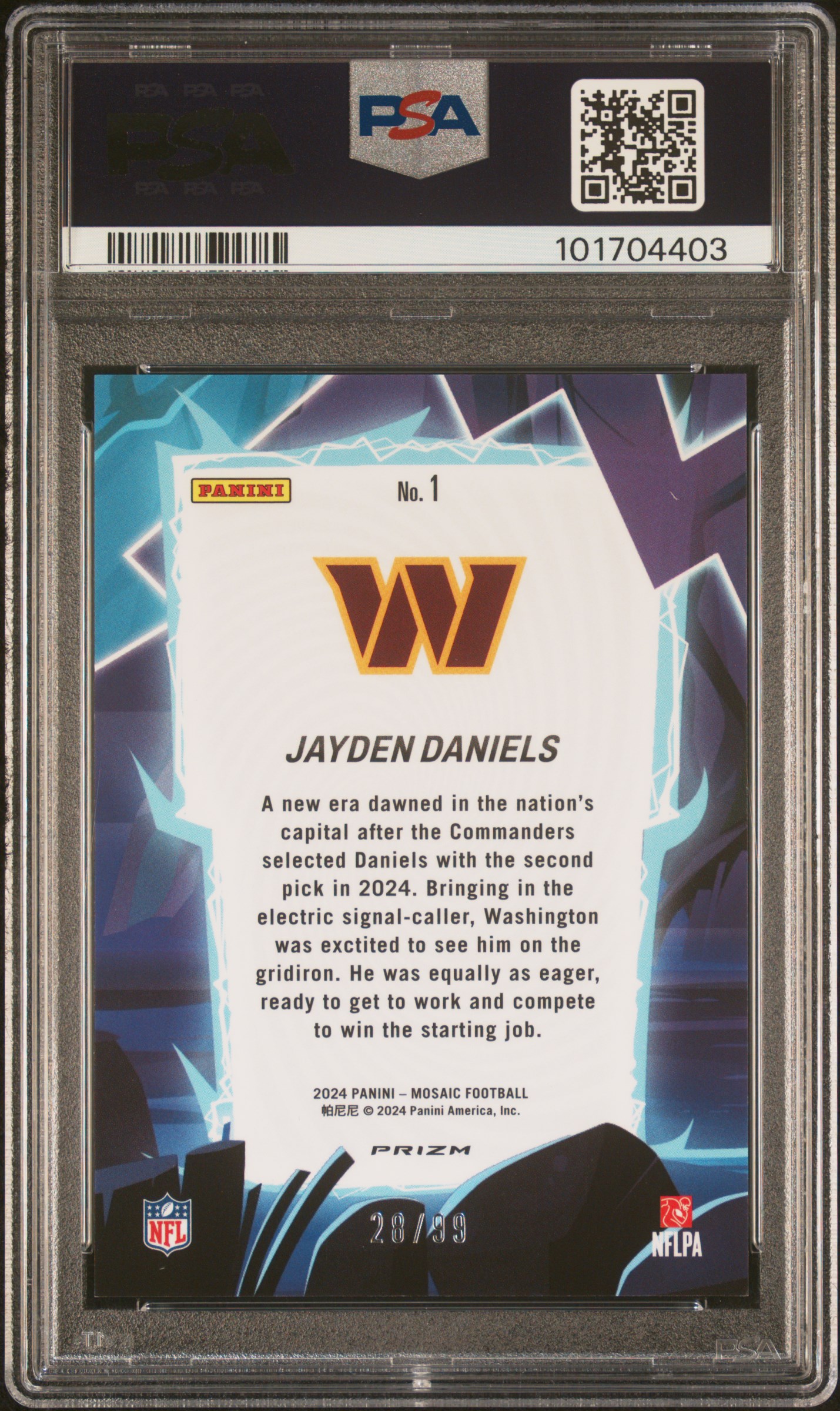 2024 Panini Mosaic Storm Jayden Daniels #1 (Storm-Blue) Gem Mt 10 back