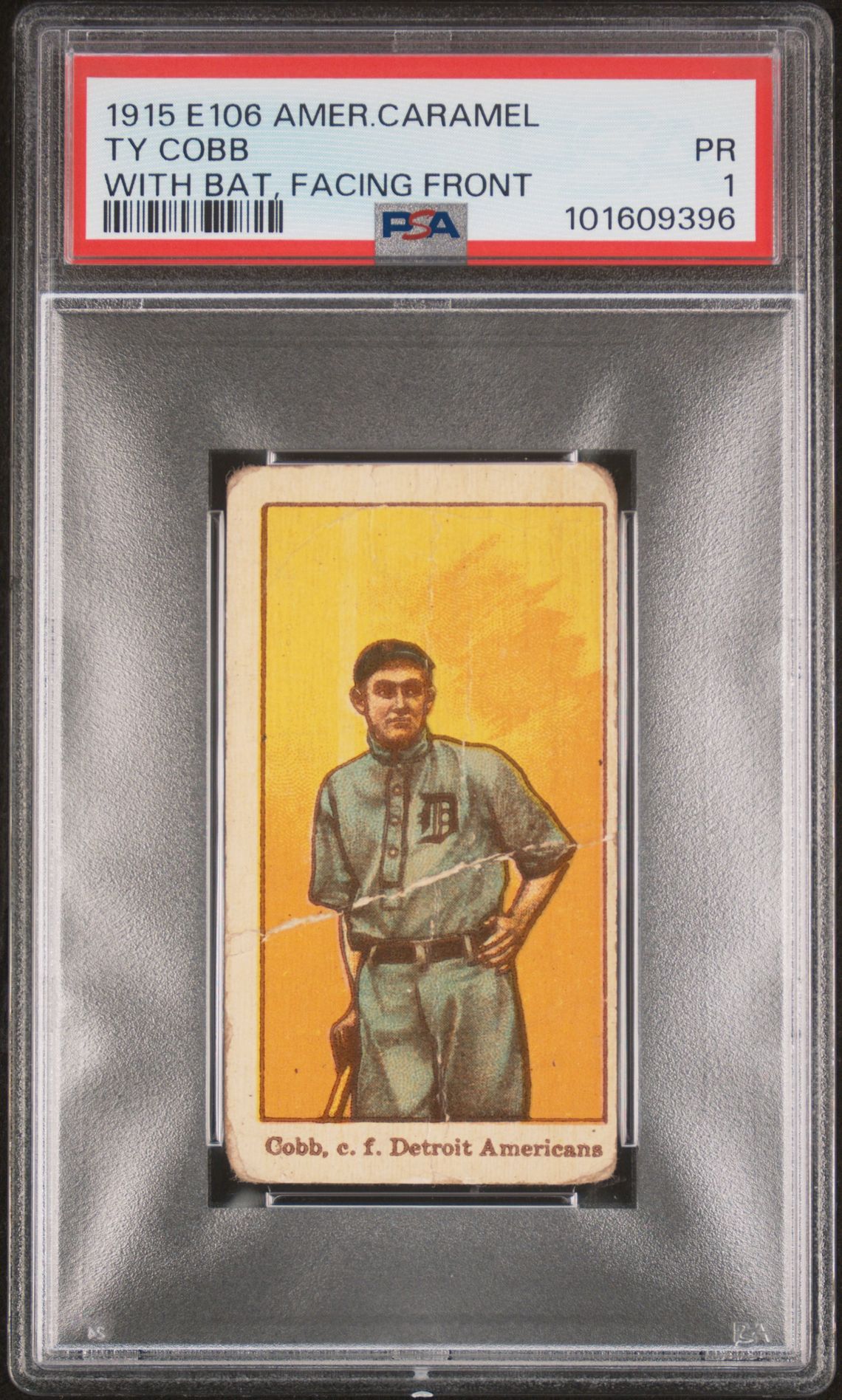 1915 E106 AMERICAN CARAMEL WITH BAT, FACING FRONT Ty Cobb front