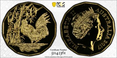2017 50C Year of the Rooster WMF Issue Gilt Cu-Ni MS69