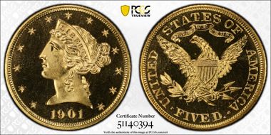 1901 $5 PR65+ CAM