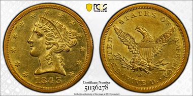 1843-O $5 Small Letters AU58