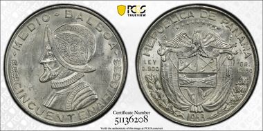 1953 1/2 B 50th Ann. Rep. of Panama KM-20  Ag MS64