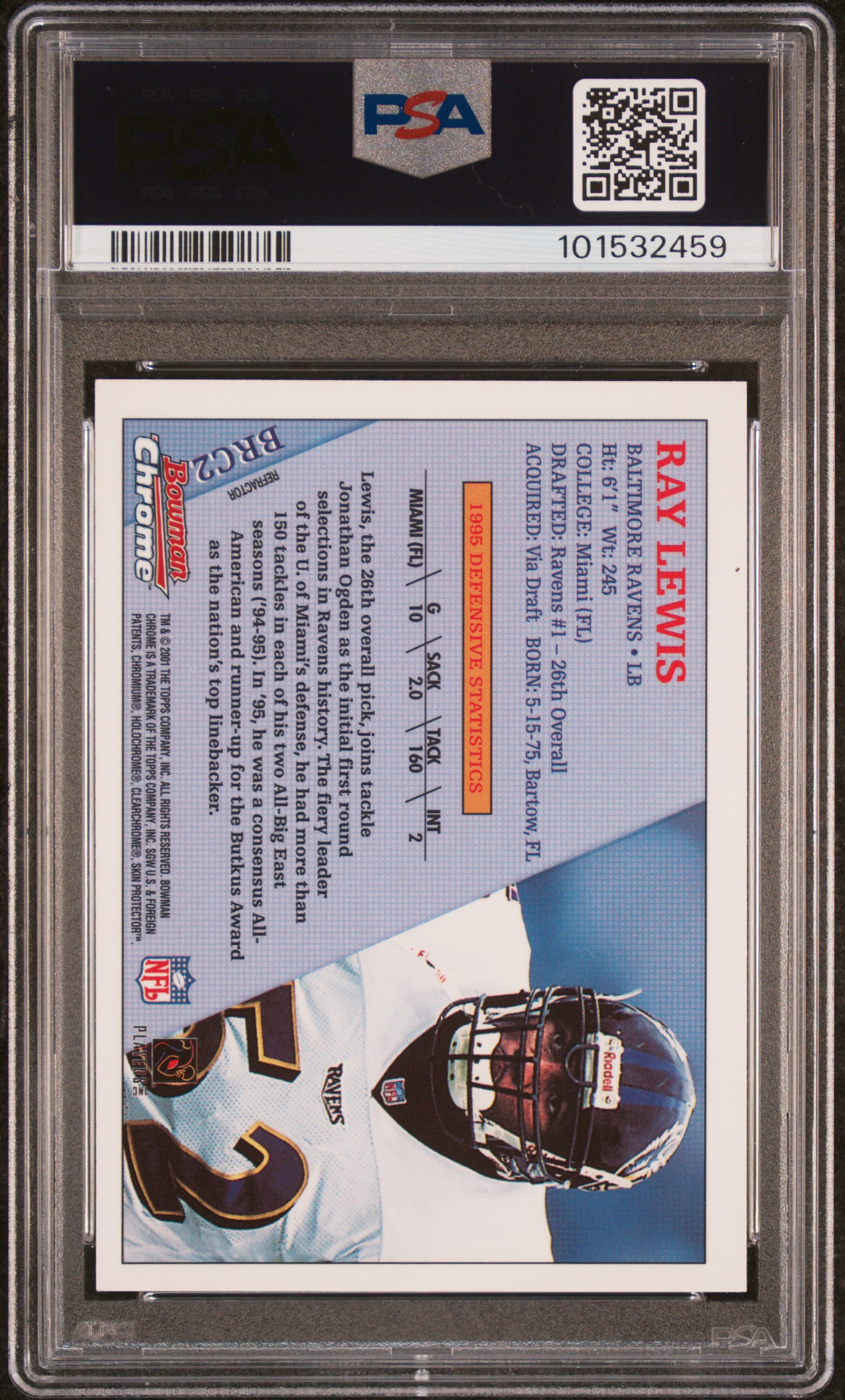 2001 Bowman Chrome 1996 Rookies Ray Lewis #Brc2 (1996 Rookies-Refractor) Mint 9 back