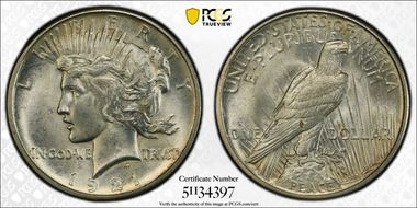 1921 $1 High Relief, Peace MS64