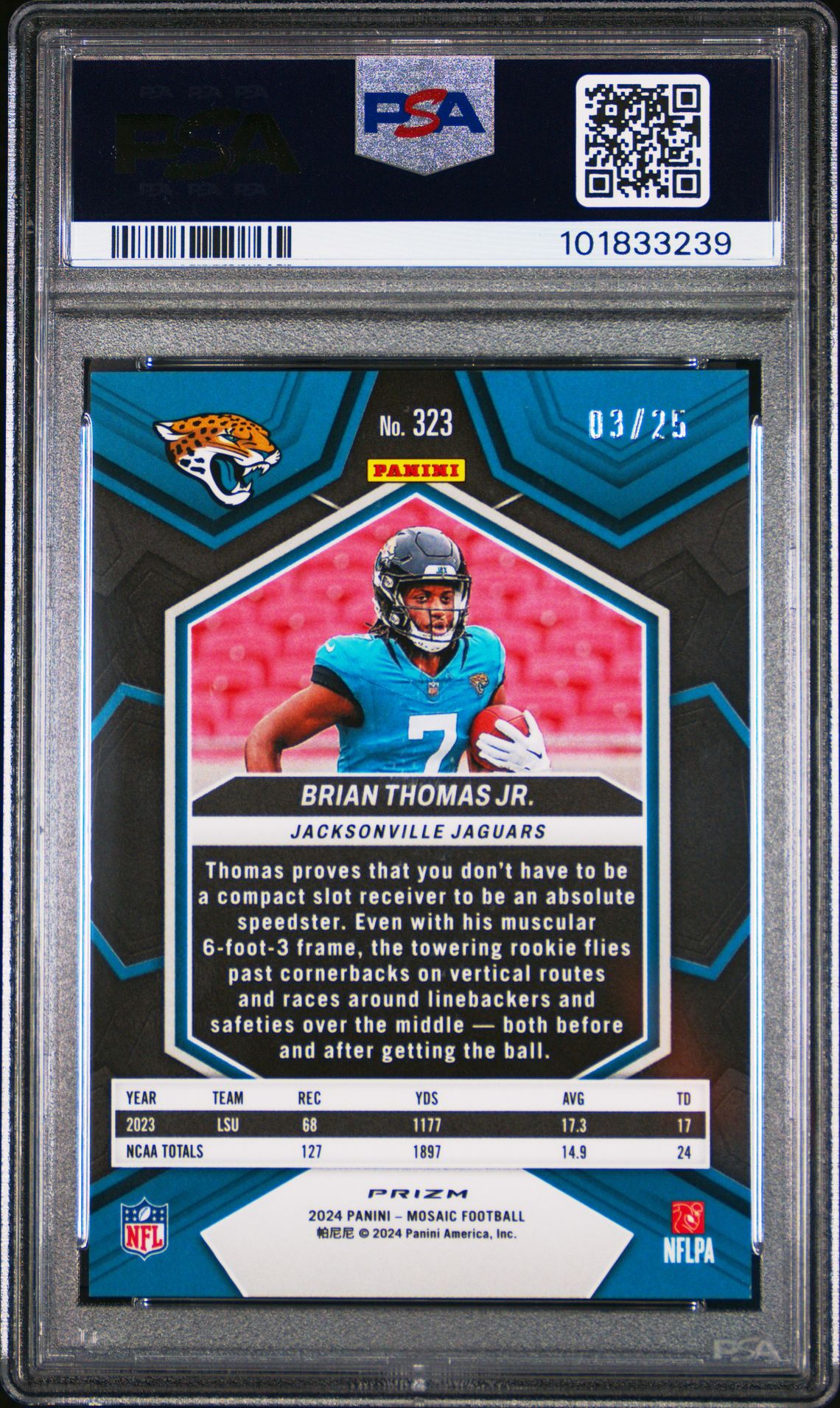 2024 Panini Mosaic Brian Thomas Jr. #323 (White) Gem Mt 10 back view - PSA certificate #101833239