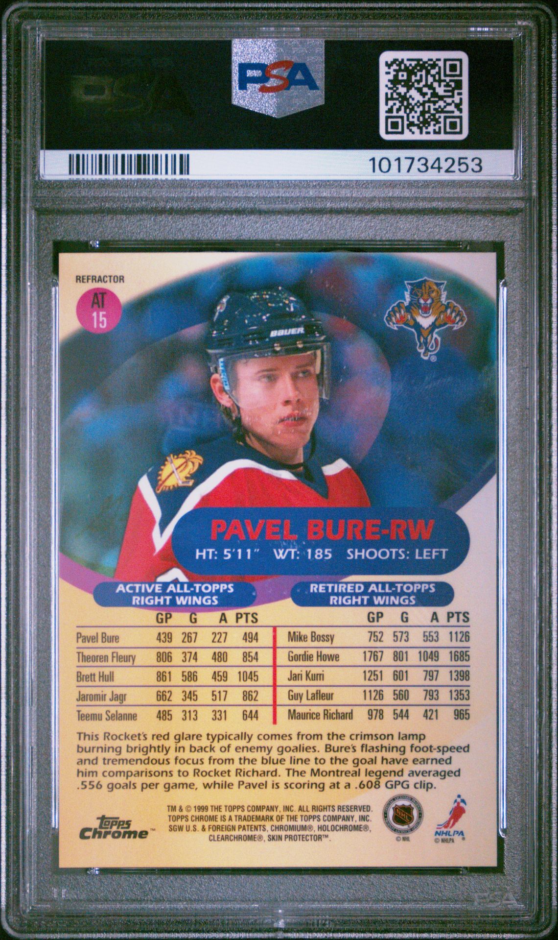 1999 Topps Chrome All-Topps Pavel Bure #At15 (All-Topps-Refractor) Gem Mt 10 back